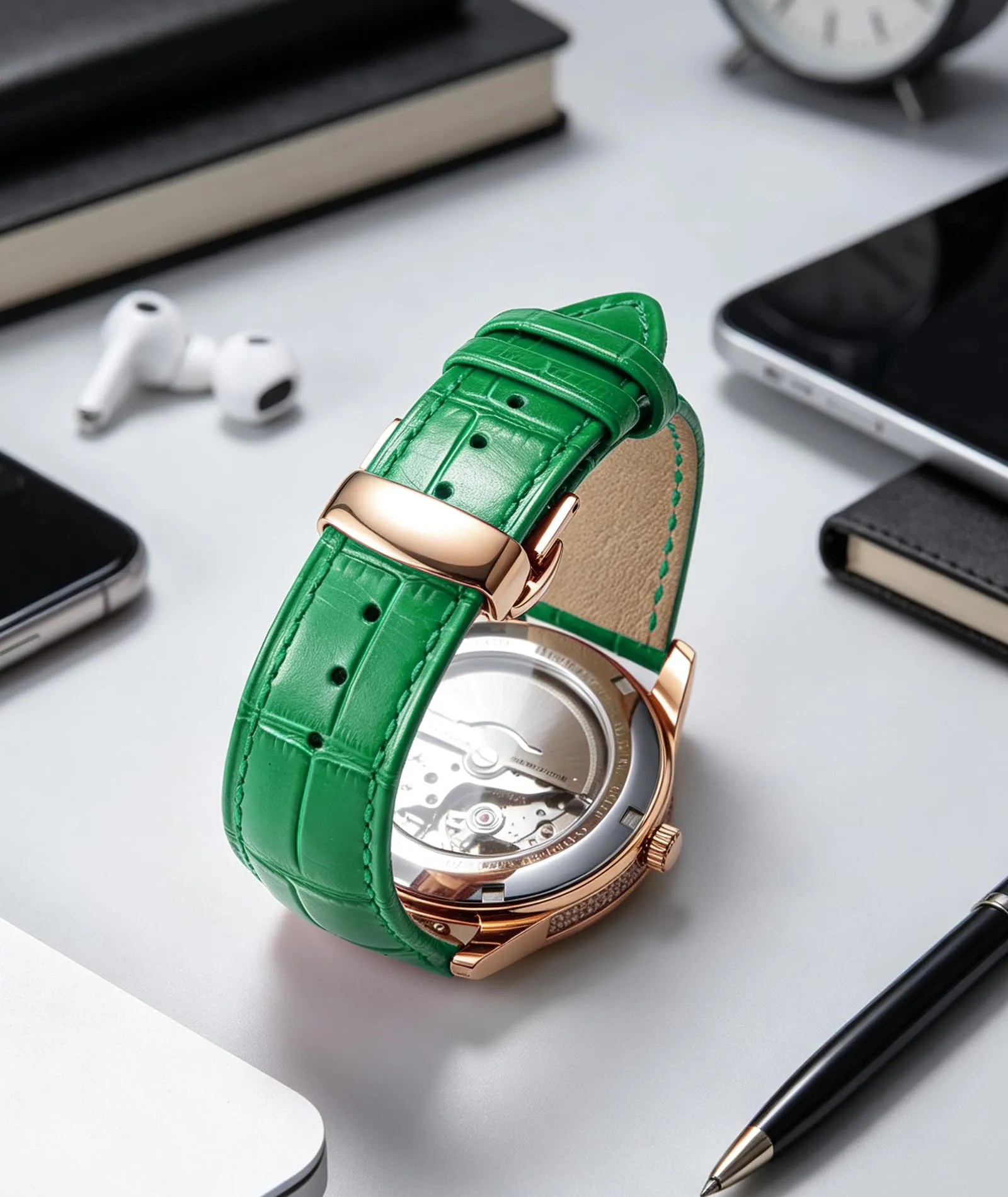 BINLUN Cinturino per Orologio in Pelle con Fibbia a Farfalla, 19mm, Verde e Oro Rosa - immagine 4