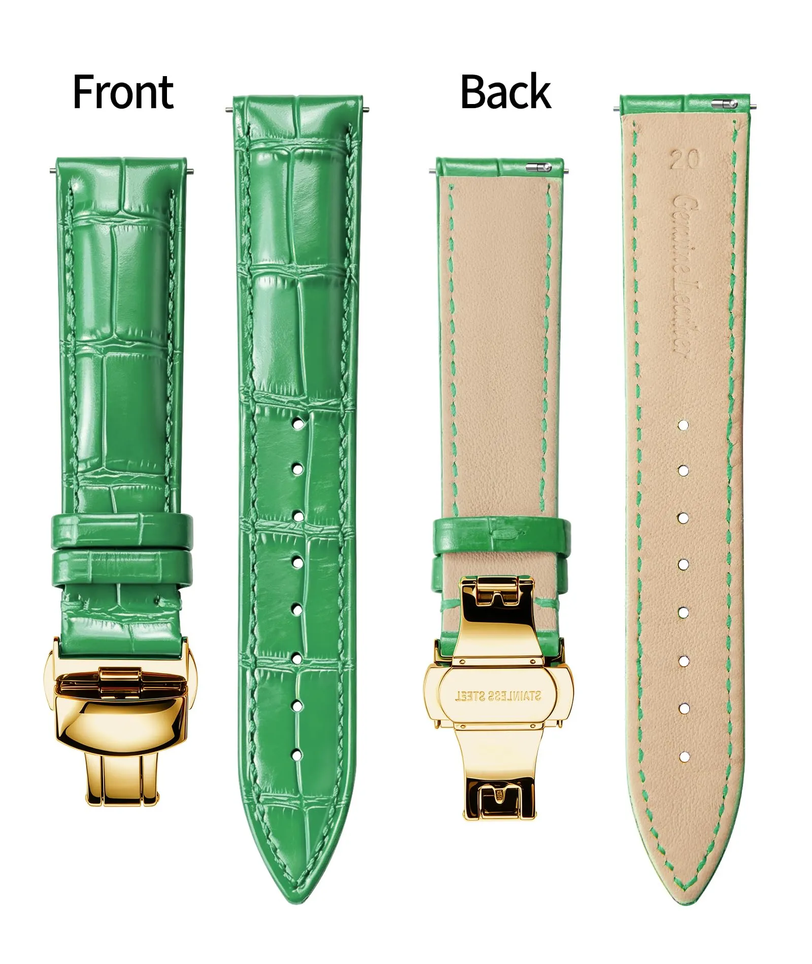 BINLUN Cinturino in Pelle per Orologio Unisex con Fibbia a Farfalla, 17mm, Verde con Fibbia in Oro - immagine 2