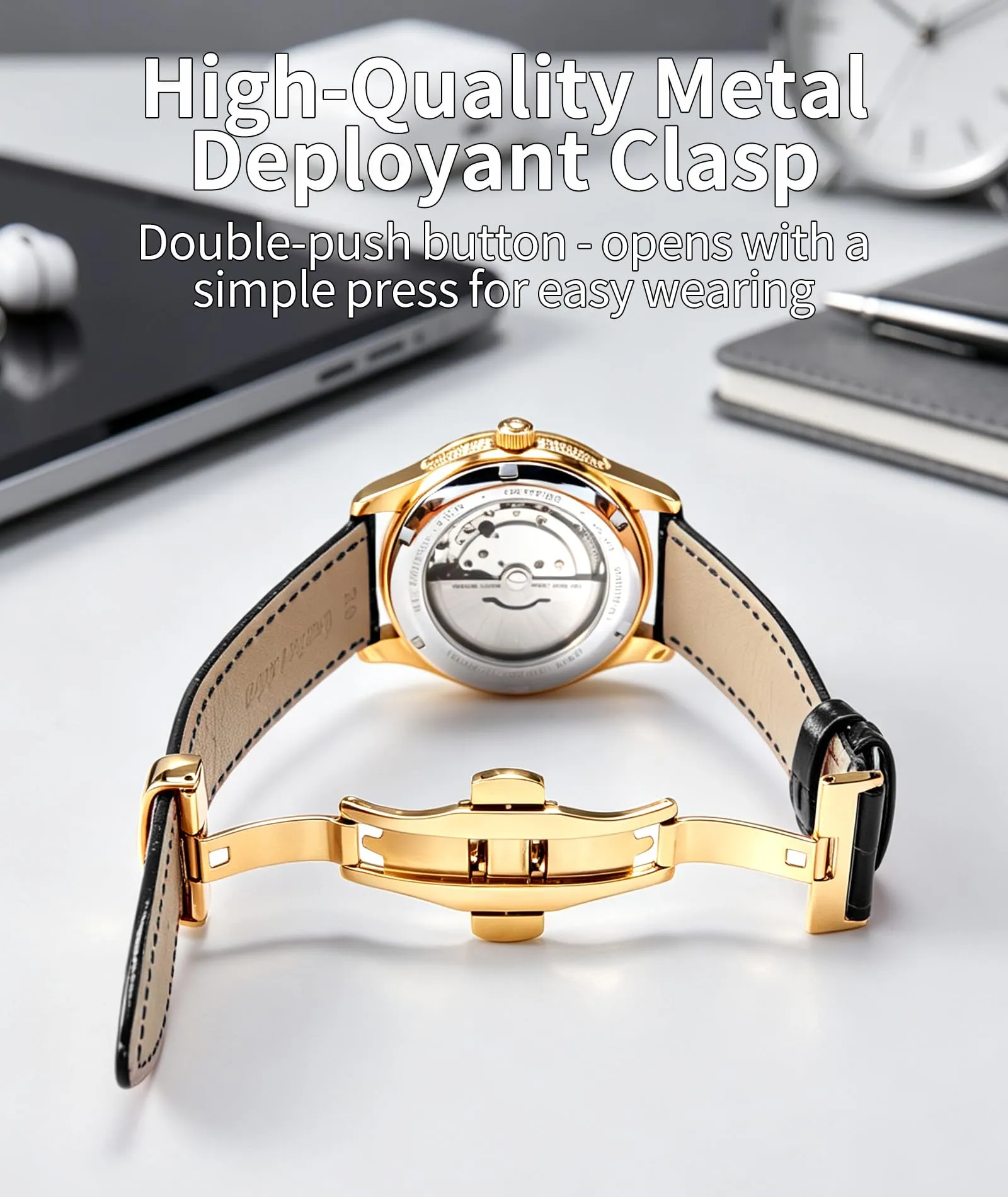 BINLUN Cinturino in Pelle per Orologio Unisex con Fibbia a Farfalla, 13mm, Nero-Fibbia In Oro - immagine 3