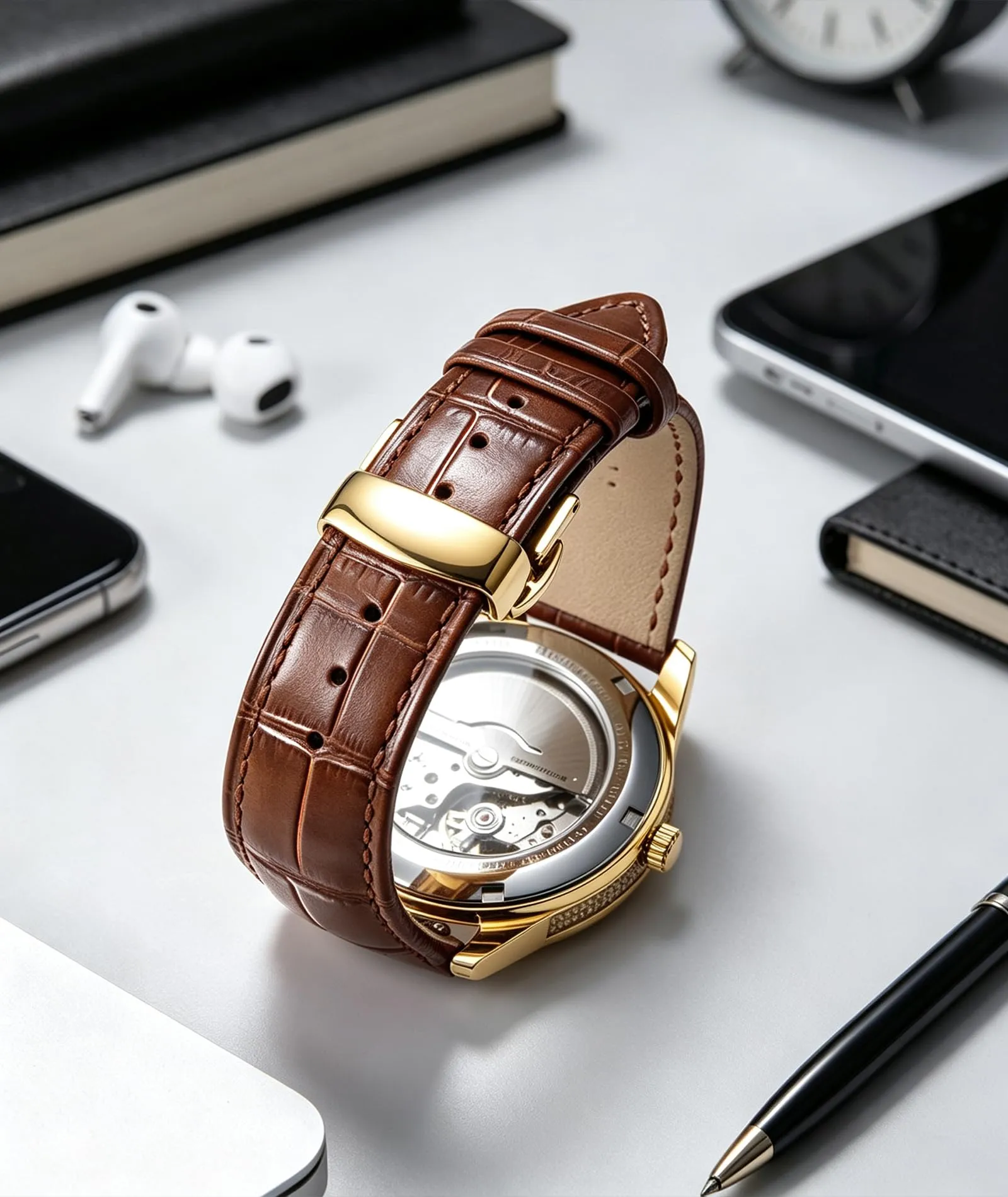 BINLUN Cinturino in Pelle per Orologio Unisex con Fibbia a Farfalla, Marrone con Fibbia in Oro, 20mm - immagine 4