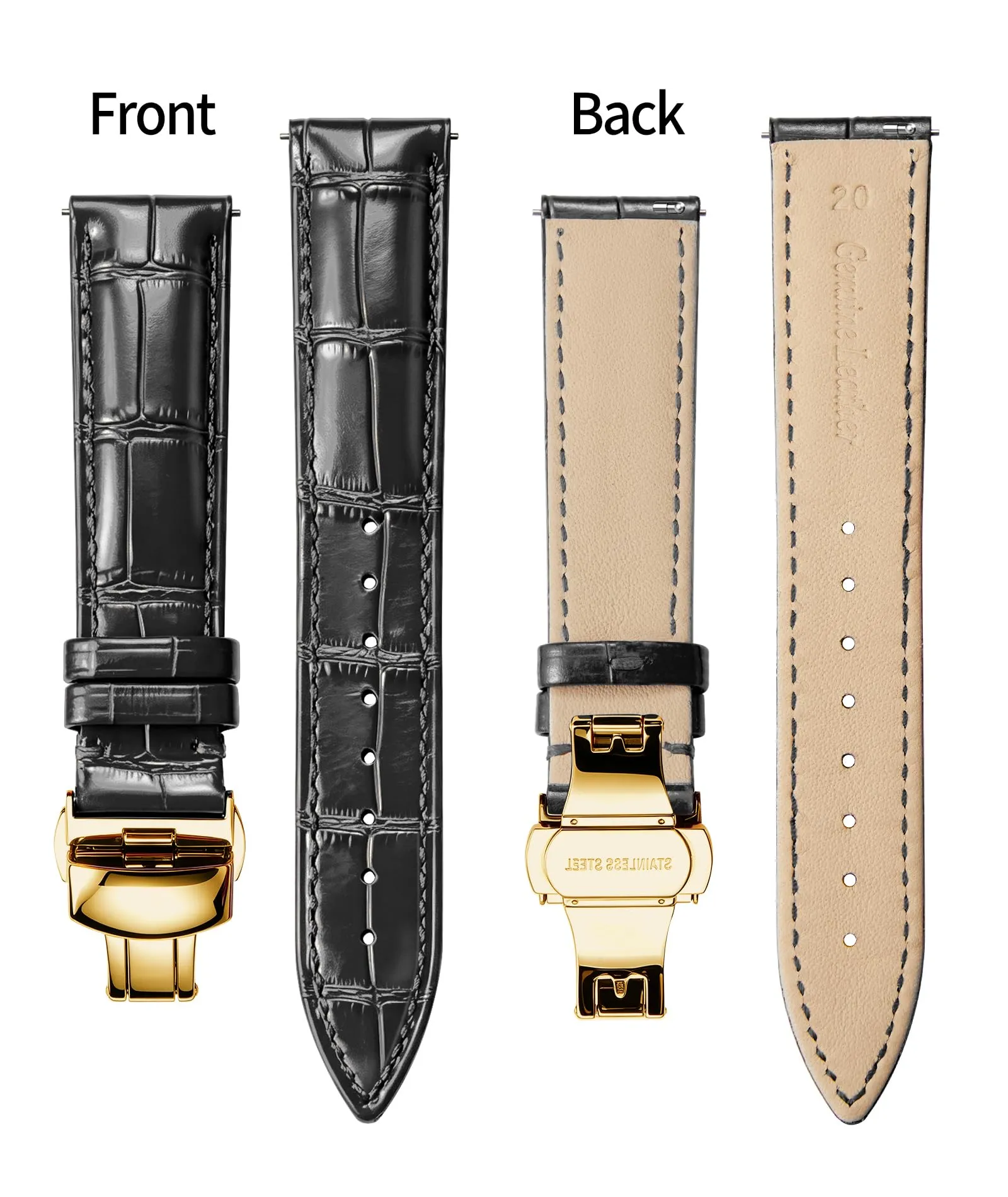 BINLUN Cinturino per Orologio in Pelle con Fibbia a Farfalla, Nero-Fibbia in Oro, 18mm - immagine 2