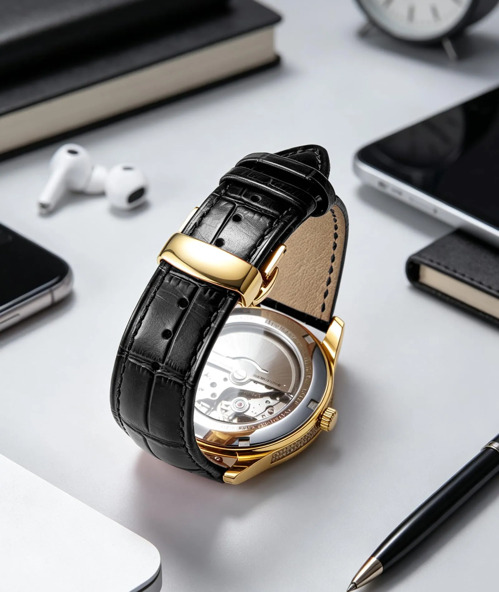 BINLUN Cinturino per Orologio in Pelle con Fibbia a Farfalla, 17mm, Nero-Fibbia in Oro - immagine 4