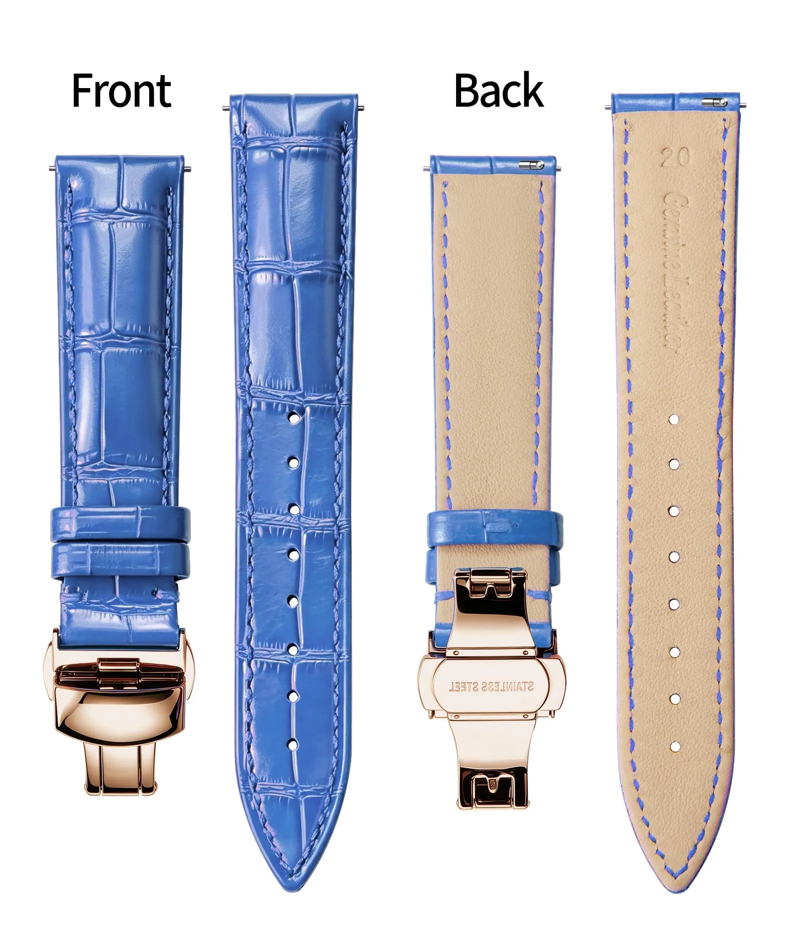 BINLUN Cinturino per Orologio in Pelle con Fibbia a Farfalla, Blu con Fibbia Oro Rosa, 22mm - immagine 2
