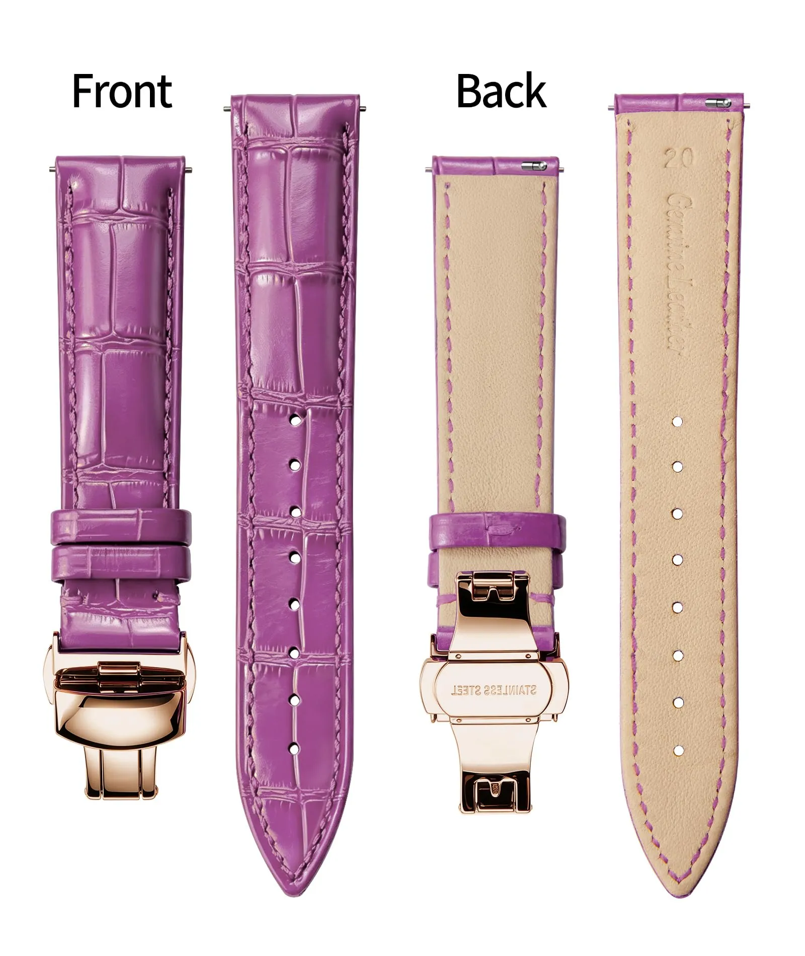 BINLUN Cinturino per Orologio in Pelle con Fibbia a Farfalla, Amaranto-Fibbia In Oro Rosa, 19mm - immagine 2