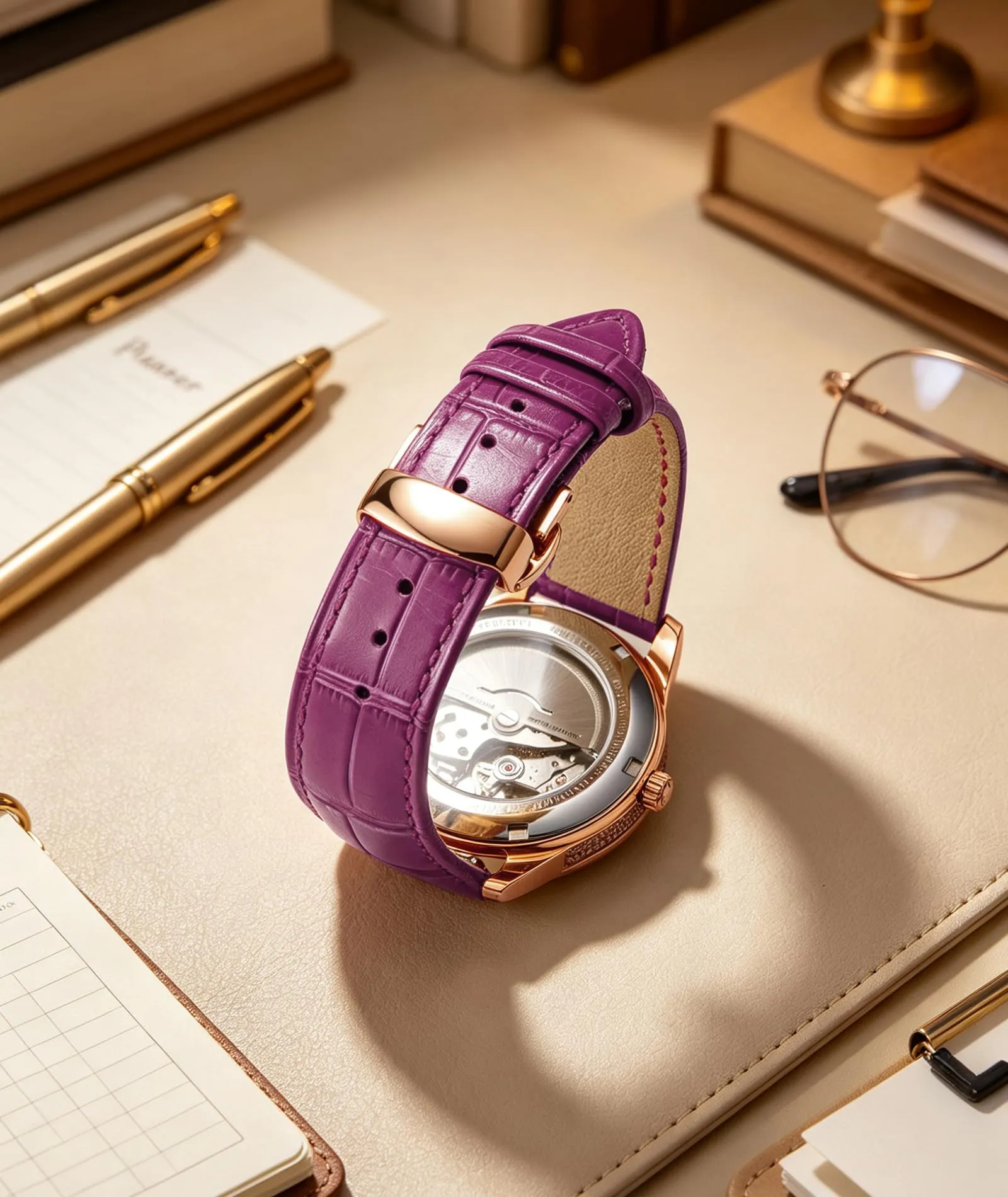BINLUN Cinturino per Orologio in Pelle con Fibbia a Farfalla, Amaranto-Fibbia In Oro Rosa, 22mm - immagine 4