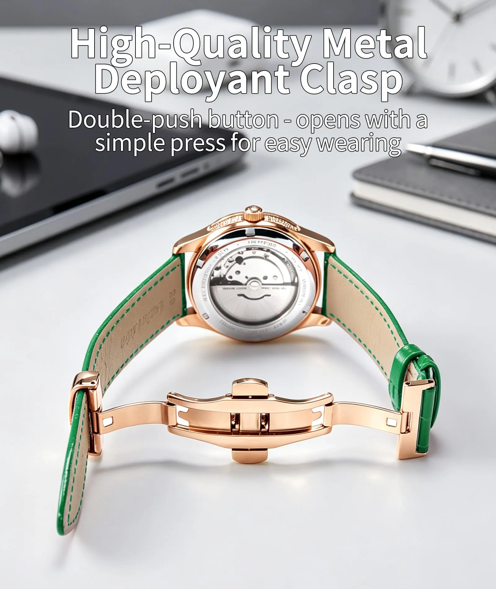 BINLUN Cinturino in Pelle per Orologio Unisex, Fibbia a Farfalla Oro Rosa, 22mm, Verde - immagine 3