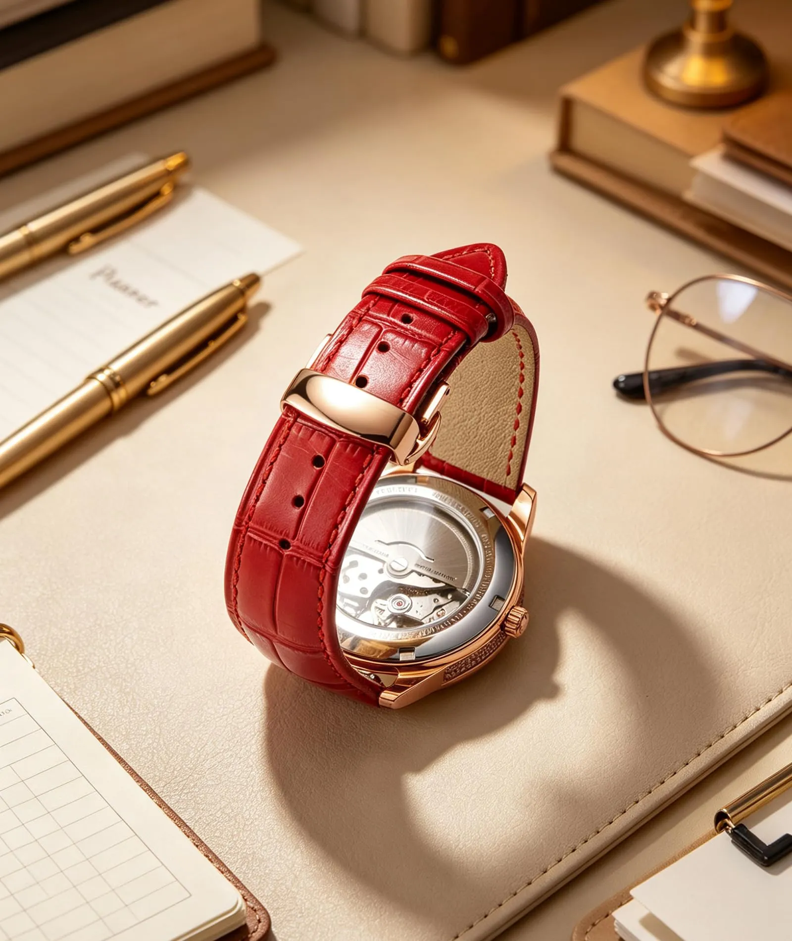 BINLUN Cinturino per Orologio in Pelle con Fibbia a Farfalla, Rosso-Fibbia In Oro Rosa, 12mm - immagine 4