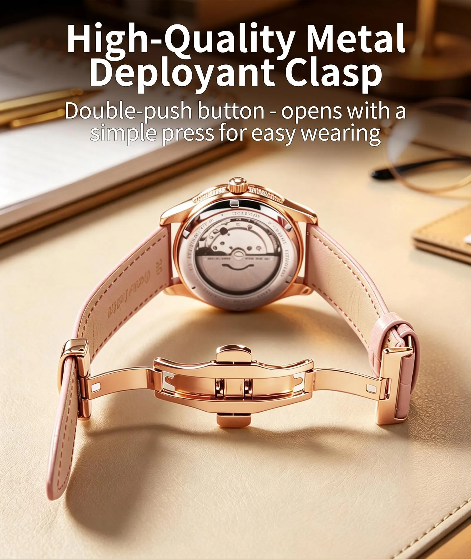 BINLUN Cinturino in Pelle per Orologio Unisex con Fibbia a Farfalla, 18mm, Rosa con Fibbia Oro Rosa - immagine 3