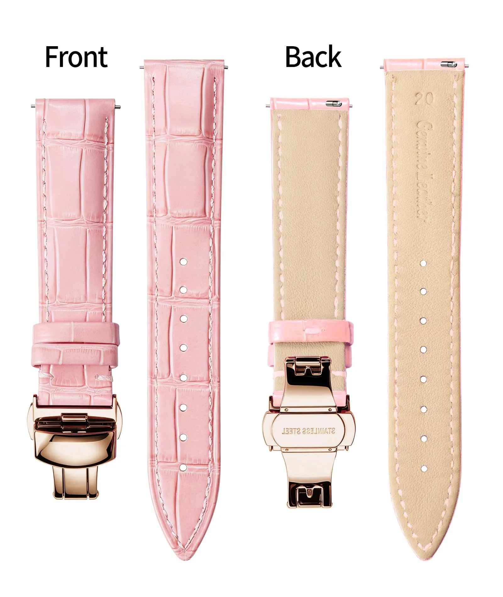 BINLUN Cinturino in Pelle per Orologio Unisex con Fibbia a Farfalla, 19mm, Rosa con Fibbia Oro Rosa - immagine 2