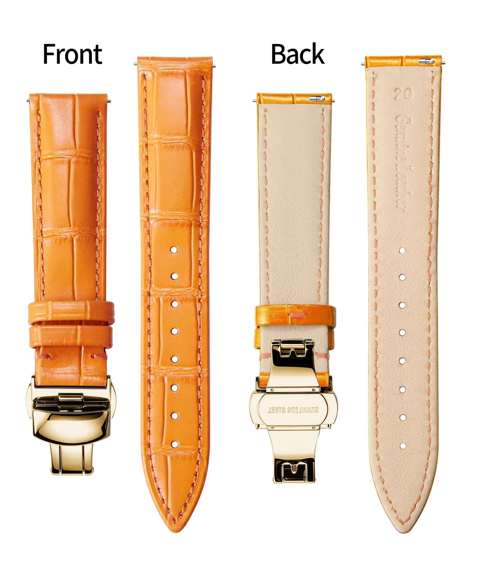 BINLUN Cinturino per Orologio in Pelle con Fibbia a Farfalla, 22mm, Arancio con Fibbia Oro - immagine 2