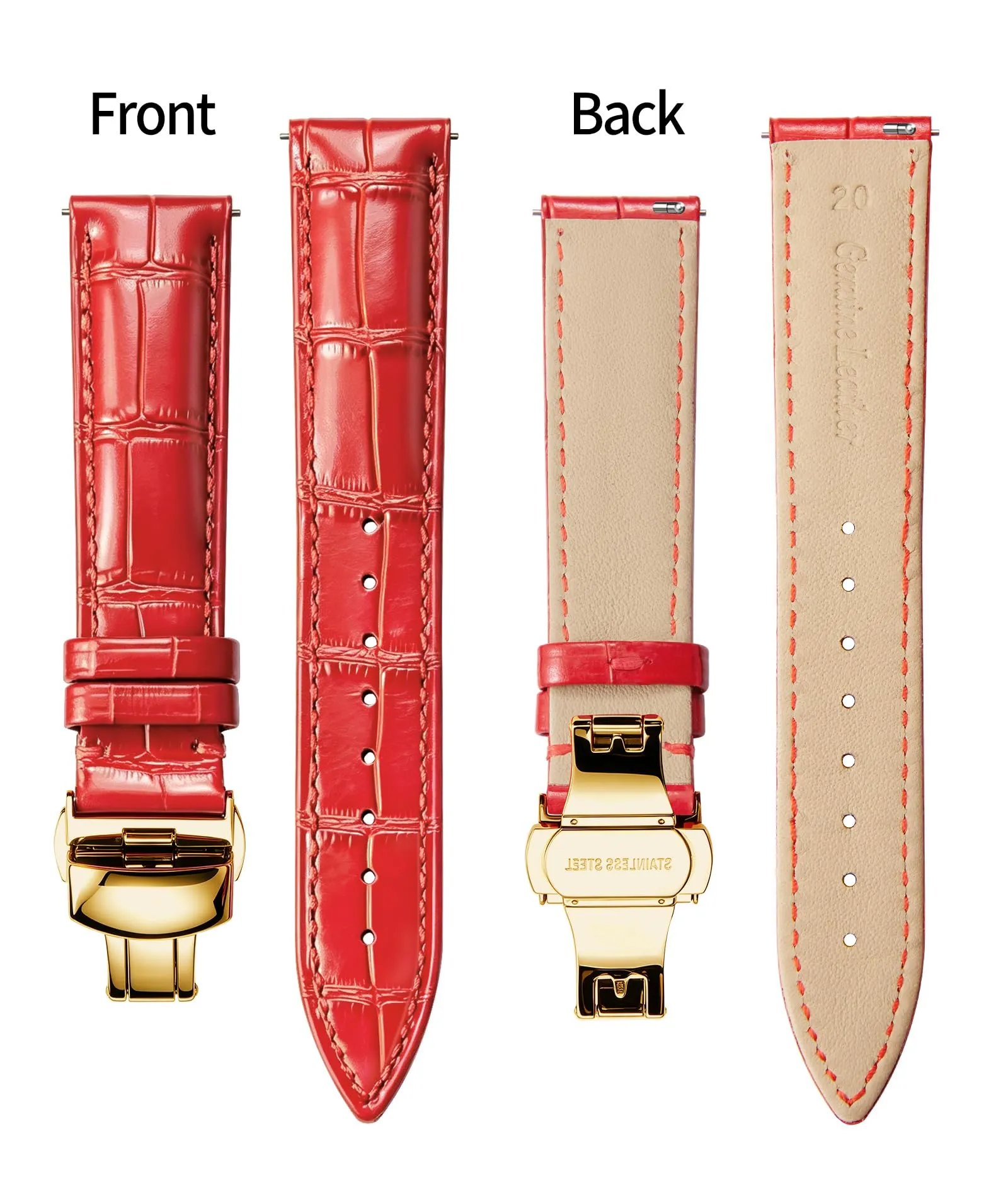 BINLUN Cinturino per Orologio in Pelle con Fibbia a Farfalla, 22mm, Rosso-Fibbia In Oro - immagine 2