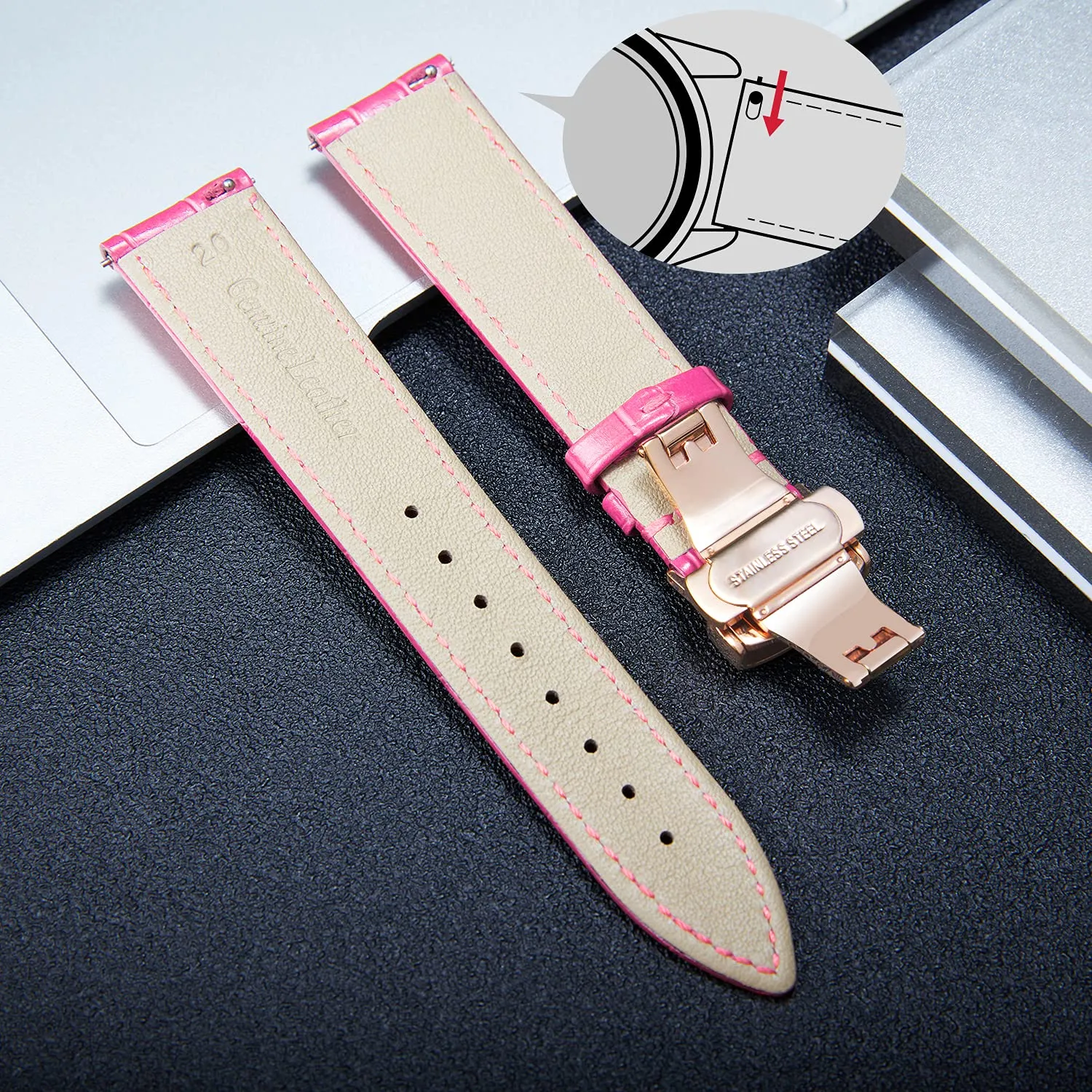 BINLUN Cinturino in Pelle per Orologio Unisex con Fibbia a Farfalla, 12mm, Rosa Rosso Oro Rosa - immagine 3