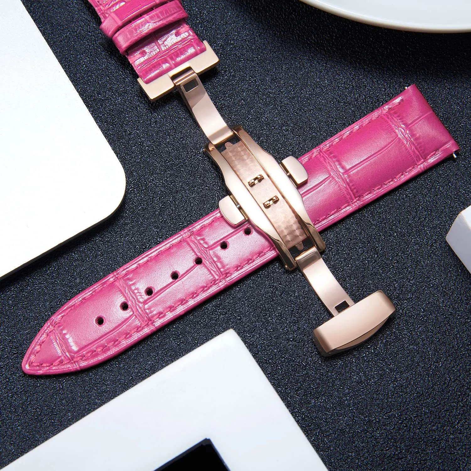 BINLUN Cinturino in Pelle per Orologio Unisex con Fibbia a Farfalla, 12mm, Rosa Rosso Oro Rosa - immagine 4