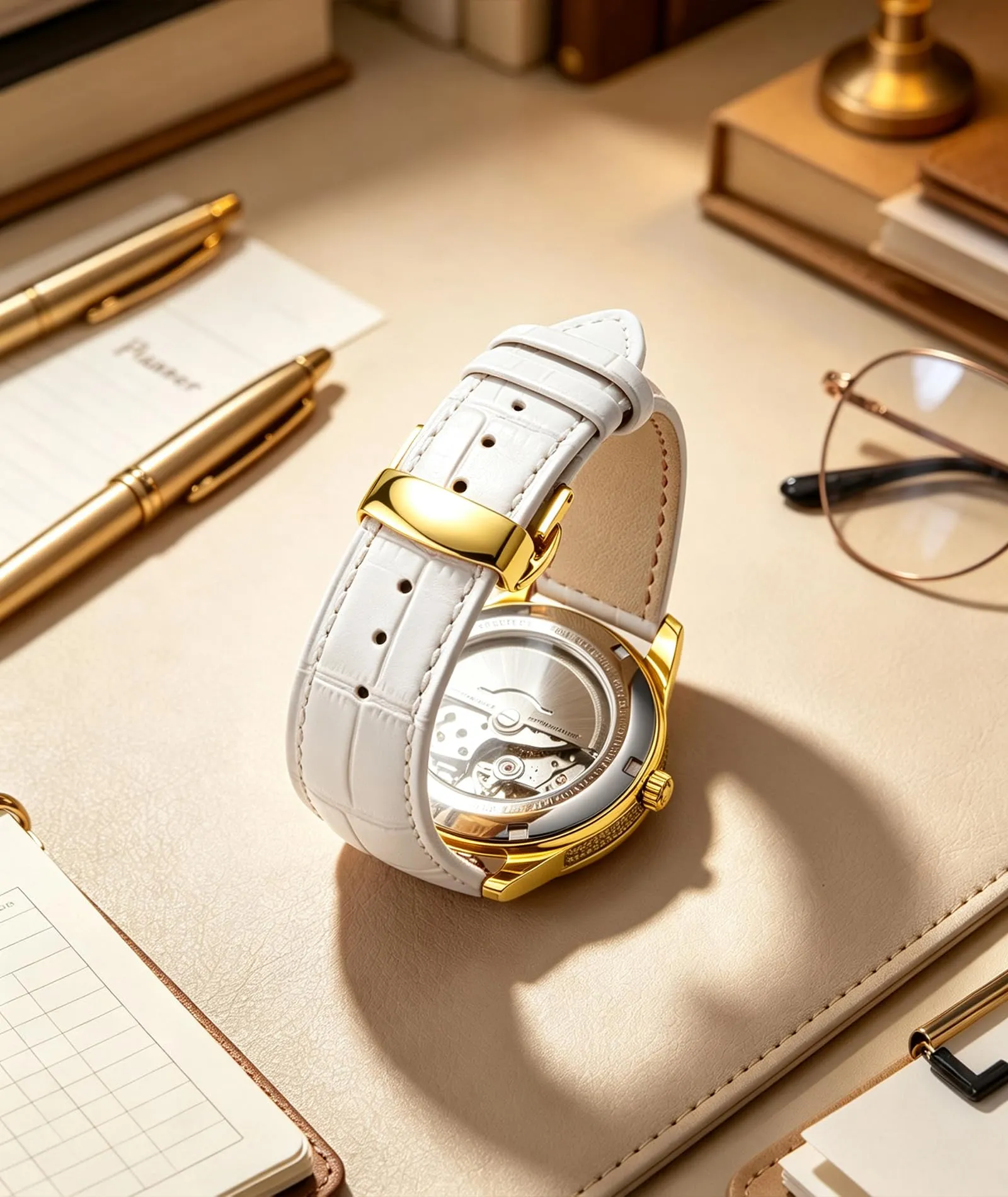 BINLUN Cinturino per Orologio in Pelle con Fibbia a Farfalla, Bianco e Oro, 17mm - immagine 4
