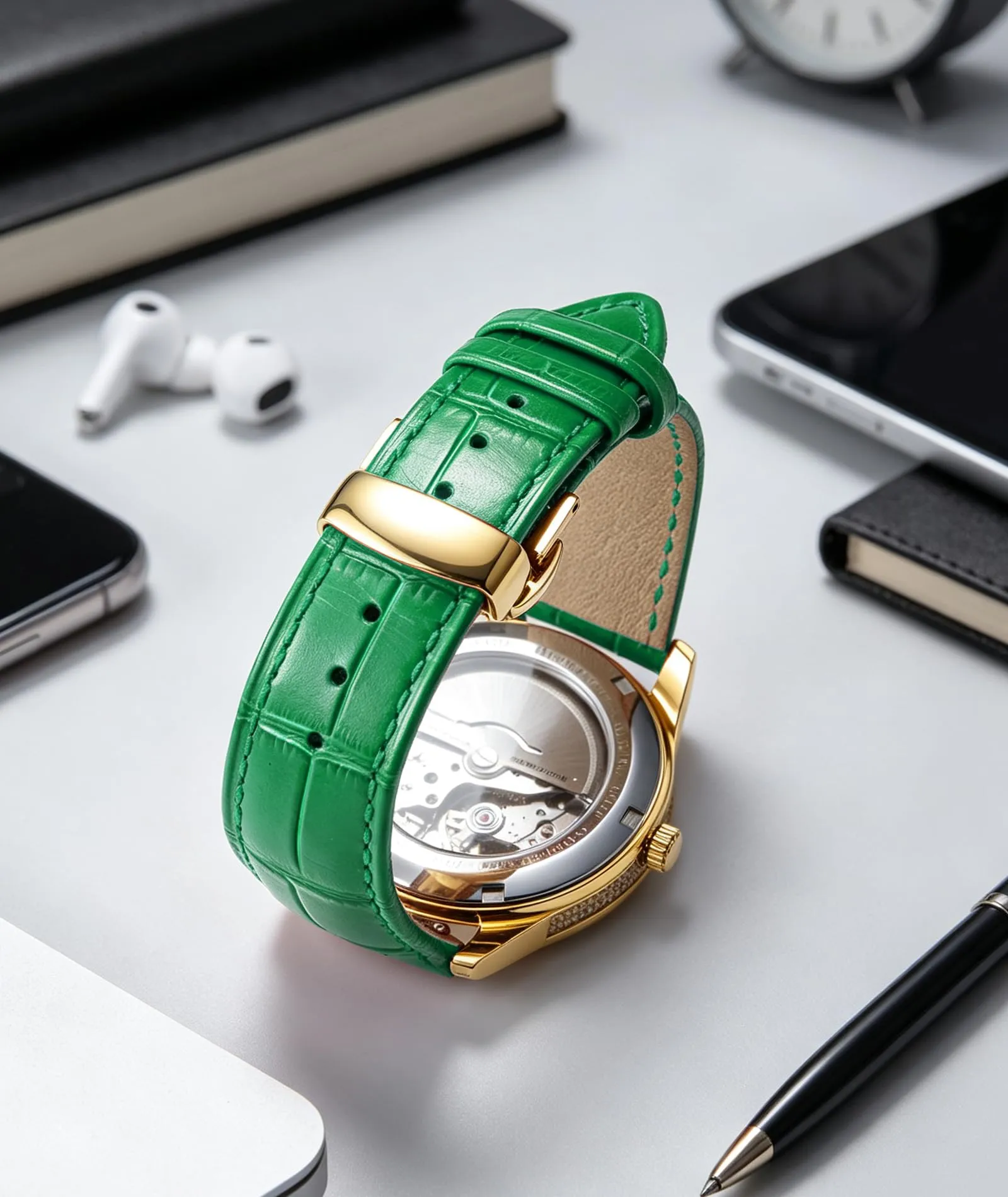 BINLUN Cinturino per Orologio in Pelle con Fibbia a Farfalla, 16mm, Verde-Fibbia In Oro - immagine 4
