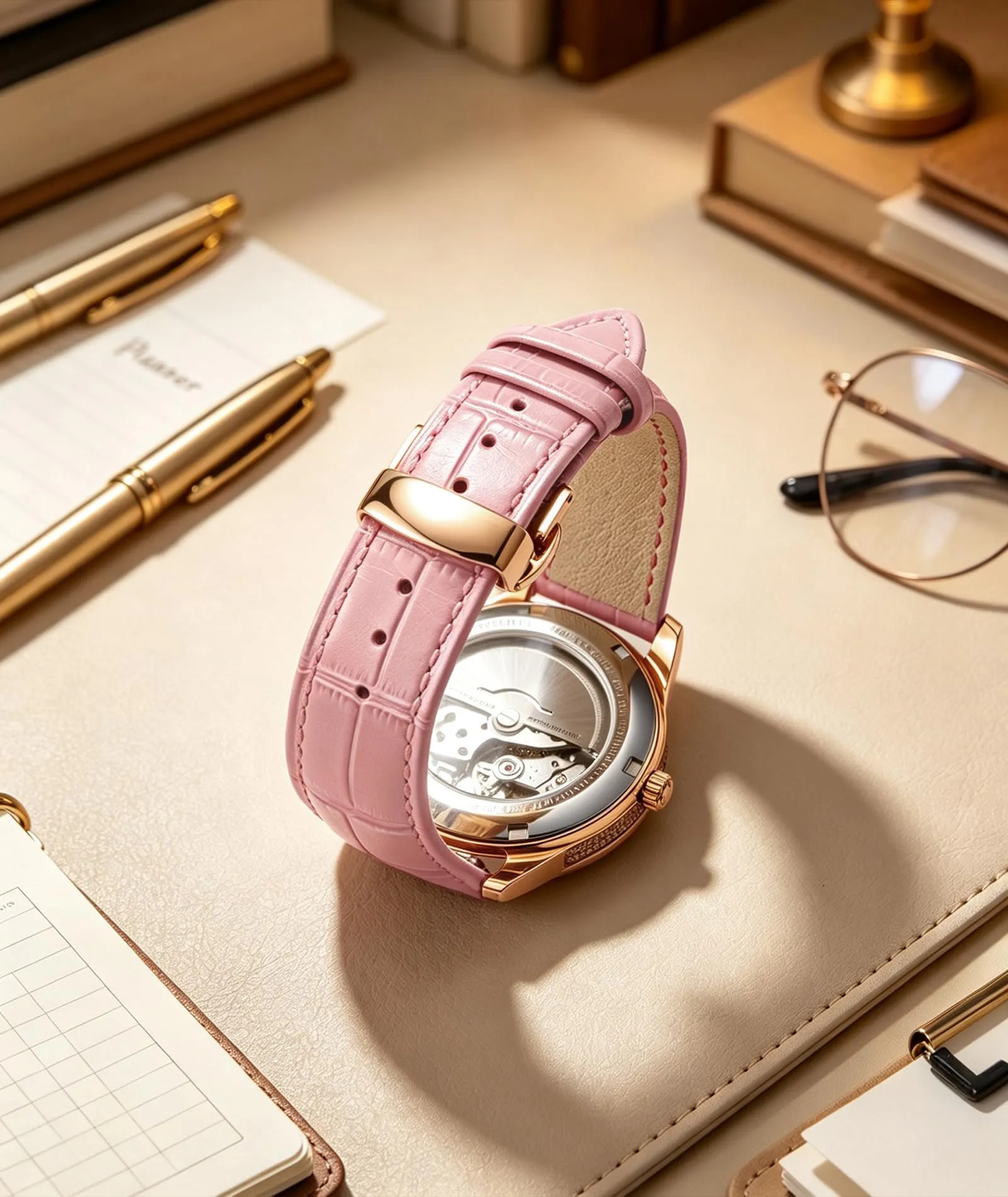 BINLUN Cinturino per Orologio in Pelle Unisex con Fibbia a Farfalla, Rosa con Fibbia Oro Rosa, 14mm - immagine 4