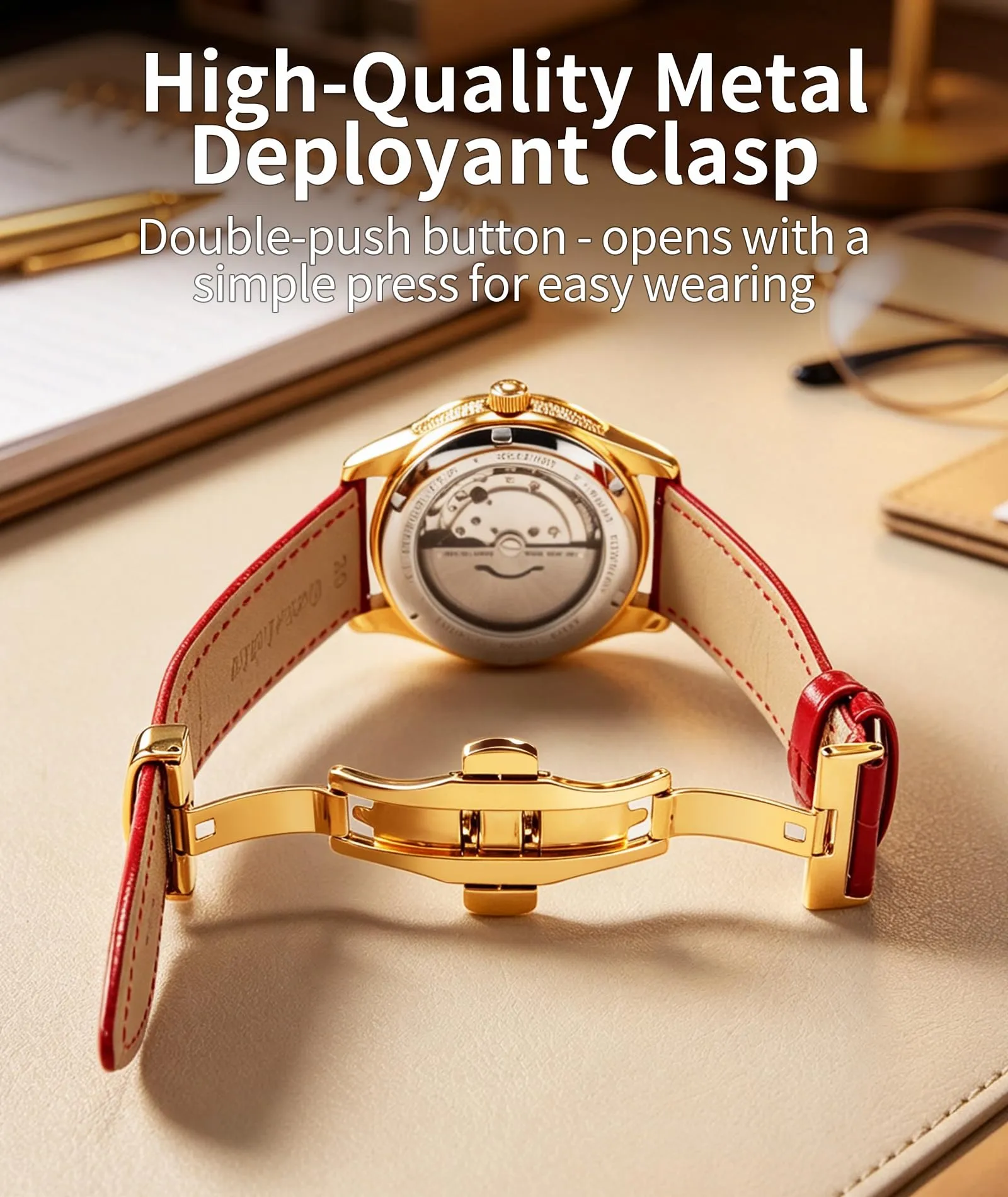 BINLUN Cinturino in Pelle per Orologio Unisex con Fibbia a Farfalla, 12mm, Rosso-Fibbia in Oro - immagine 3