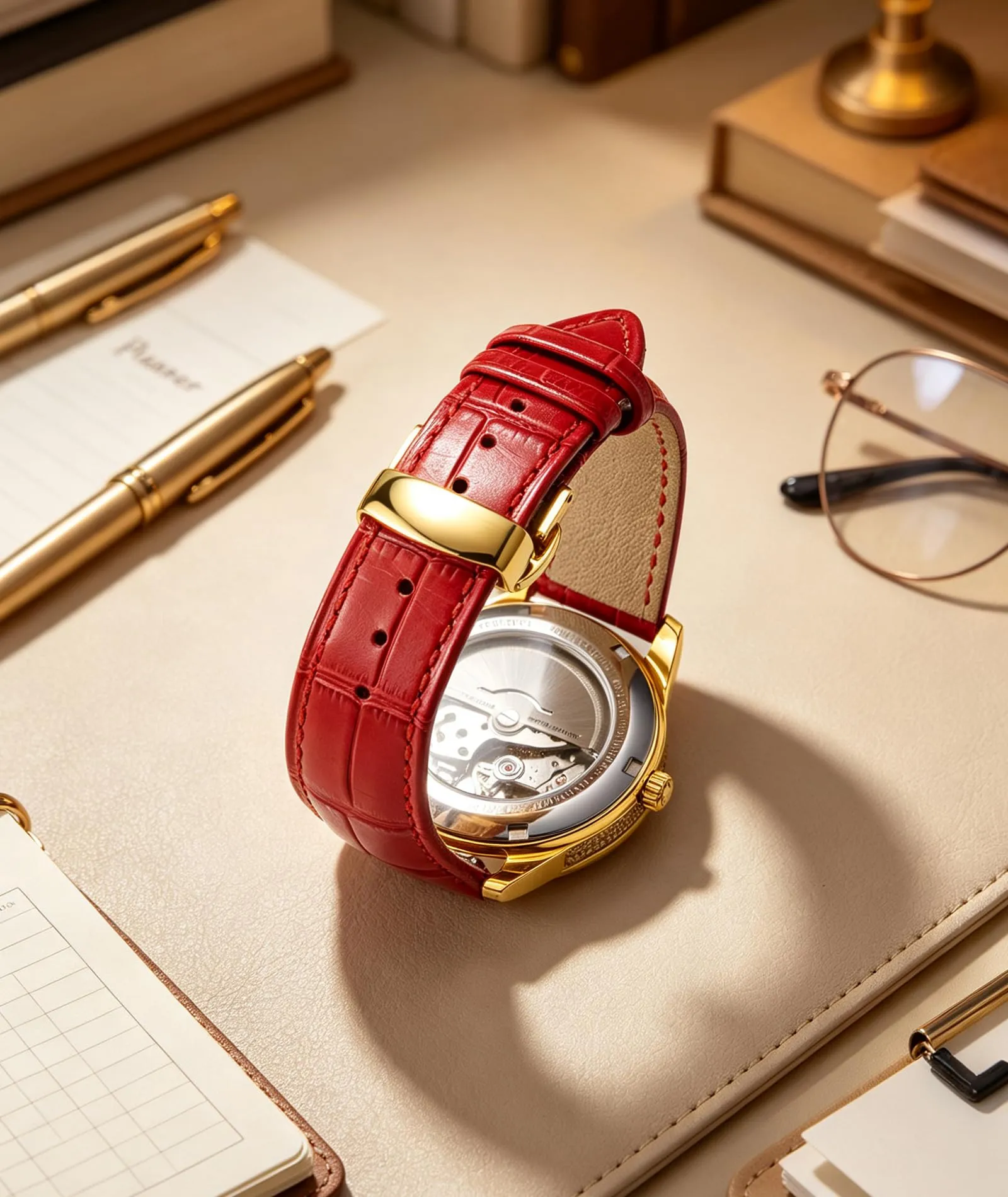 BINLUN Cinturino in Pelle per Orologio Unisex con Fibbia a Farfalla, 12mm, Rosso-Fibbia in Oro - immagine 4