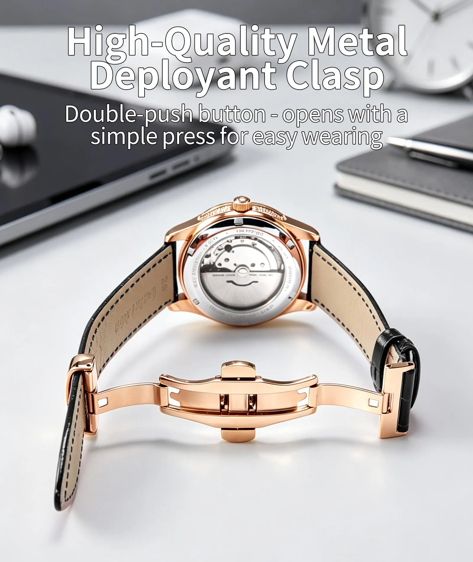 BINLUN Cinturino in Pelle per Orologio Unisex con Fibbia a Farfalla, Nero-Fibbia in Oro Rosa, 17mm - immagine 3