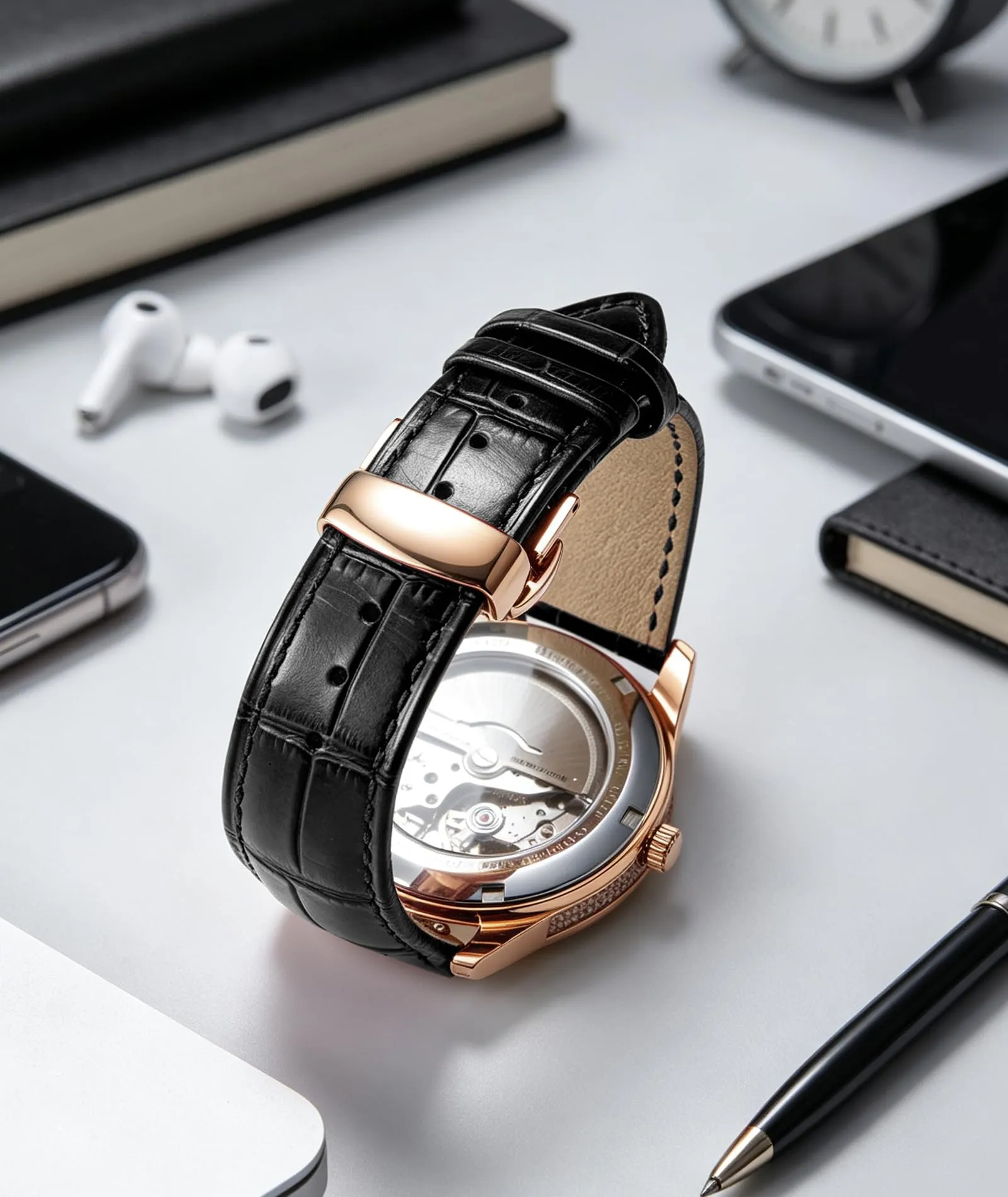 BINLUN Cinturino per Orologio in Pelle con Fibbia a Farfalla, Nero con Fibbia in Oro Rosa, 16mm - immagine 4