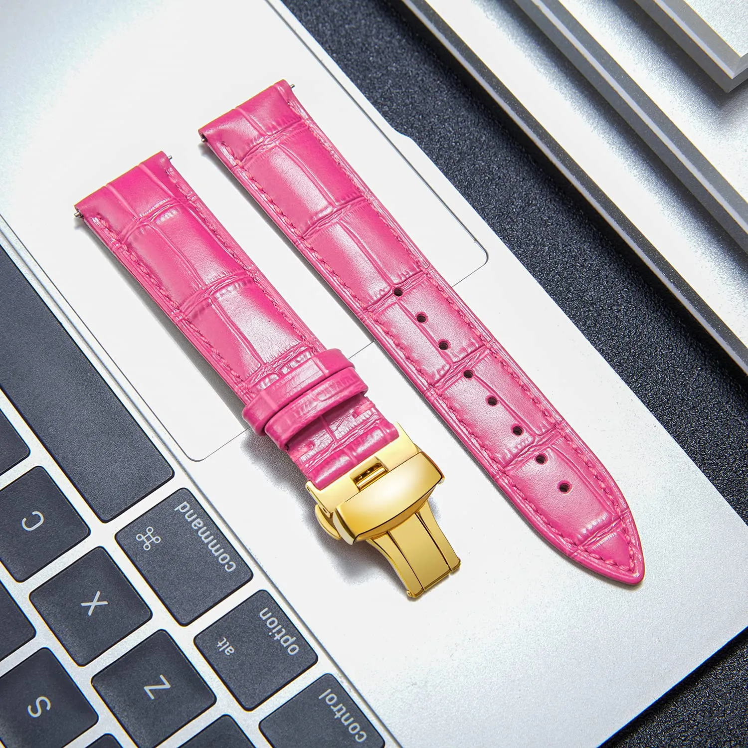 BINLUN Cinturino in Pelle per Orologio Unisex con Fibbia a Farfalla, Rosa Rosso e Oro, 12mm - immagine 2