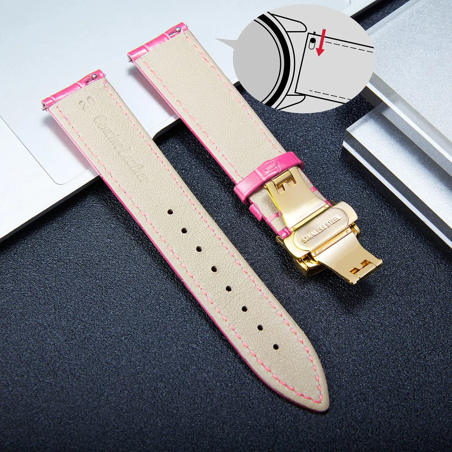 BINLUN Cinturino in Pelle per Orologio Unisex con Fibbia a Farfalla, Rosa Rosso e Oro, 12mm - immagine 3