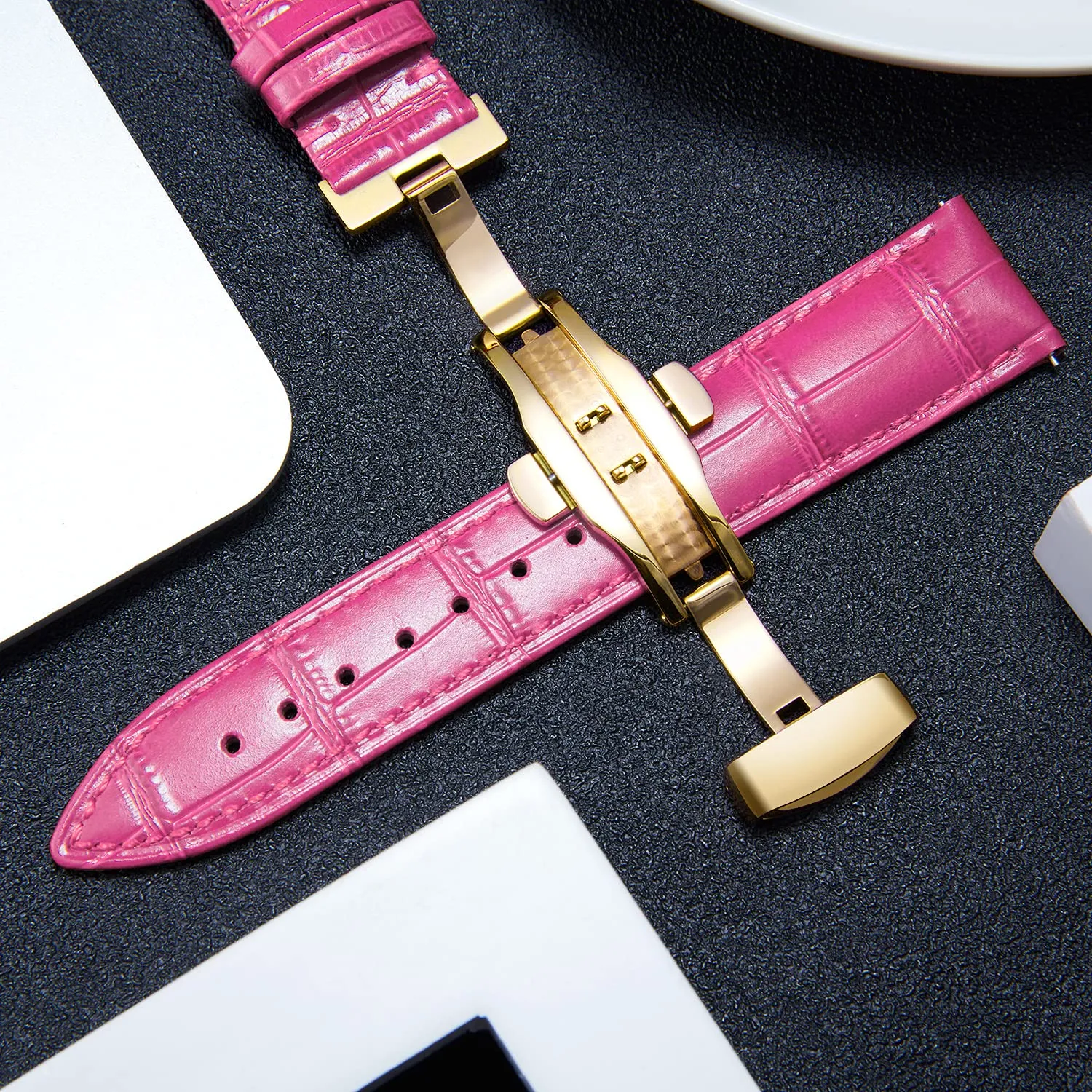 BINLUN Cinturino in Pelle per Orologio Unisex con Fibbia a Farfalla, Rosa Rosso e Oro, 12mm - immagine 4