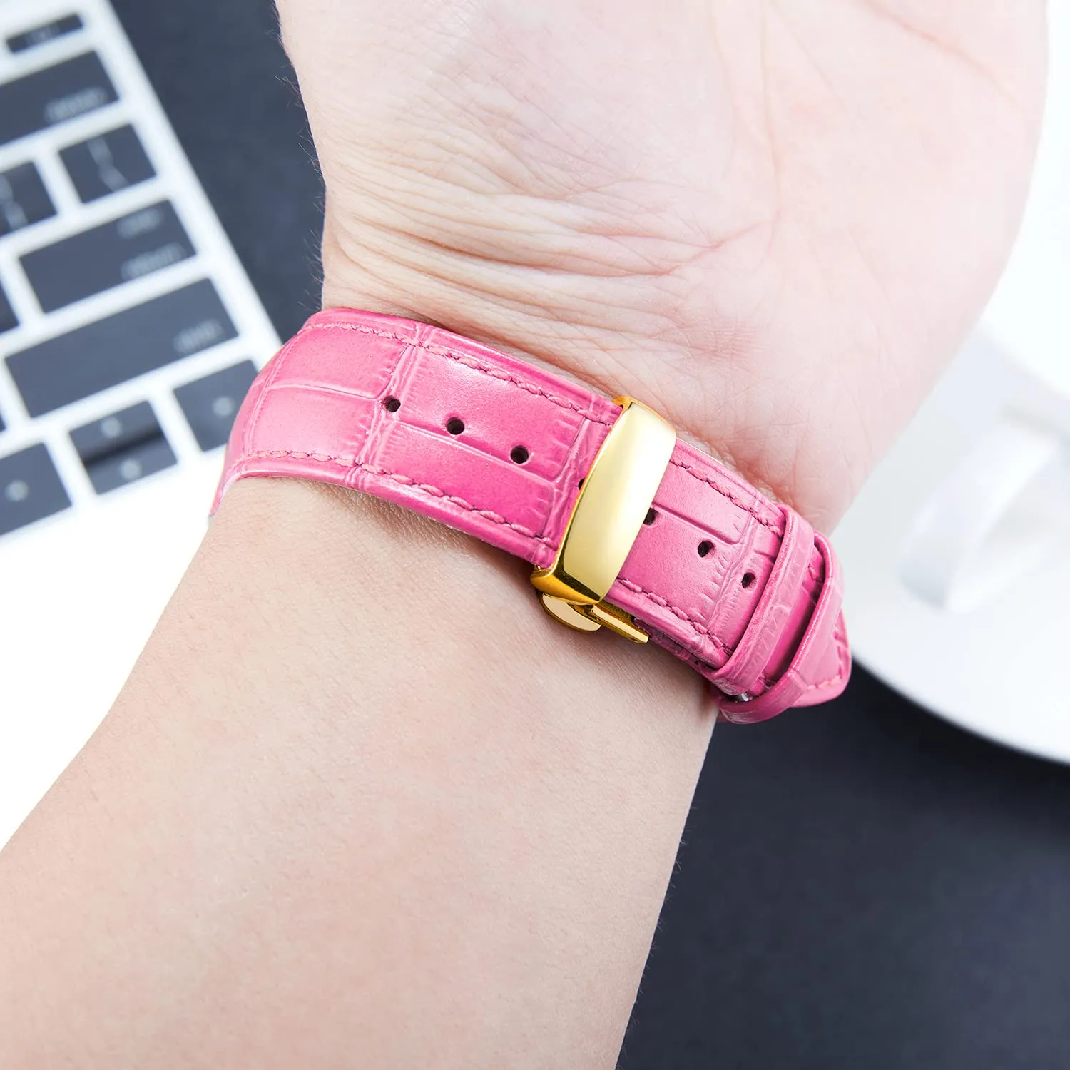 BINLUN Cinturino in Pelle per Orologio Unisex con Fibbia a Farfalla, Rosa Rosso e Oro, 12mm - immagine 5