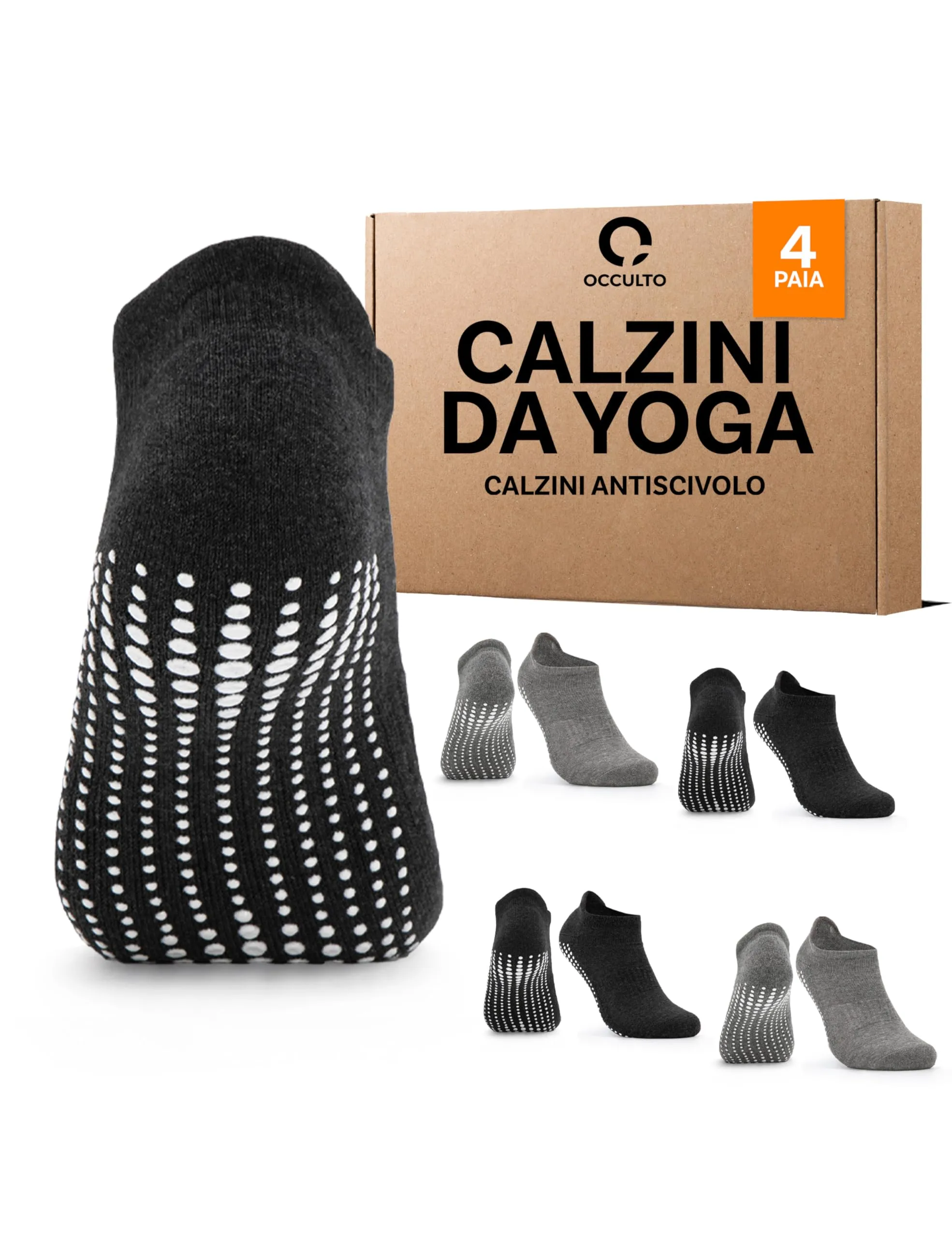 Occulto Calzini Antiscivolo per Yoga, Pilates e Fitness, 4 Paia, Grigio Nero, 35-38 - immagine 1