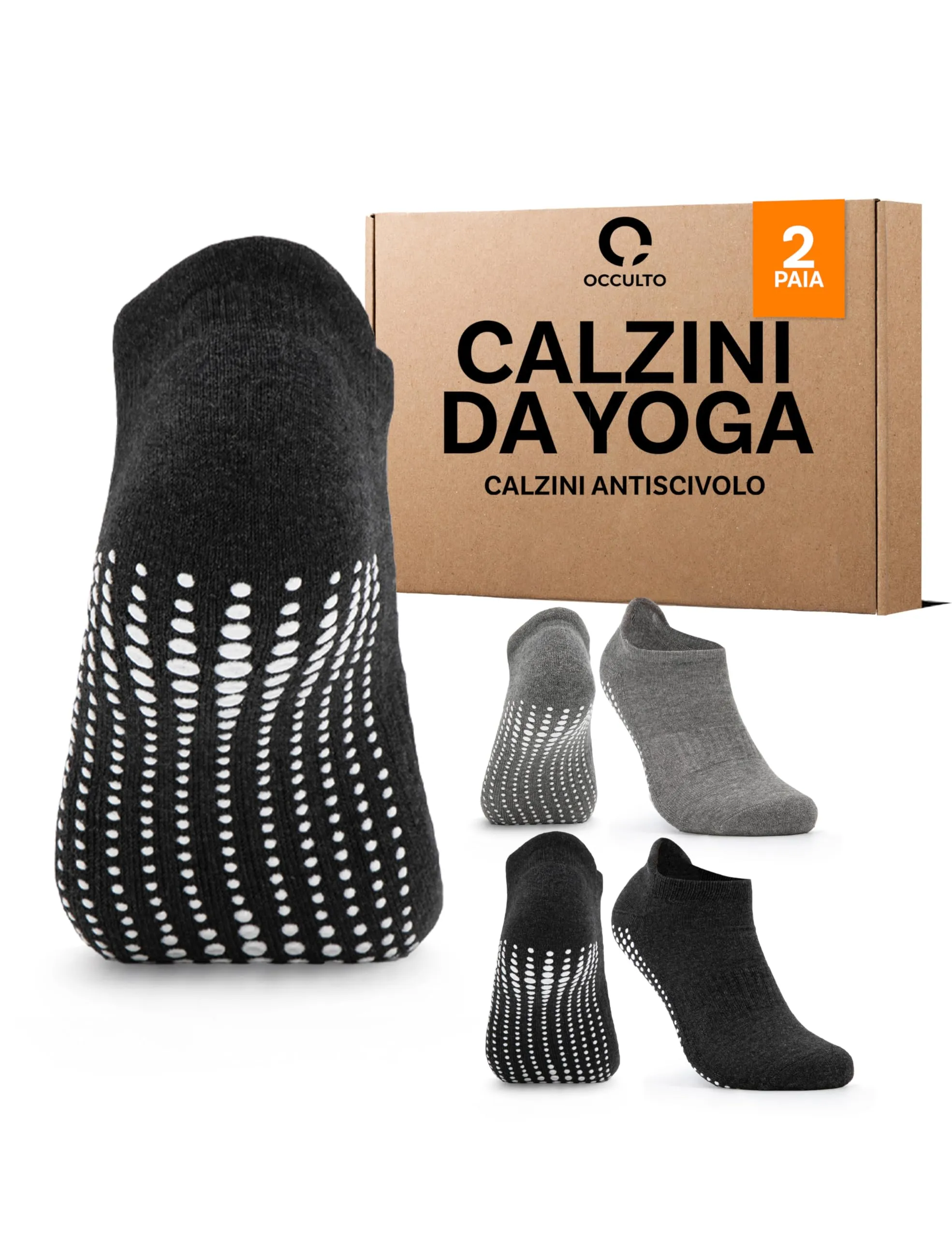 Occulto Calzini Antiscivolo per Donna e Uomo per Yoga, Pilates e Fitness, 2 Paia, Grigio Nero, 35-38 - immagine 1