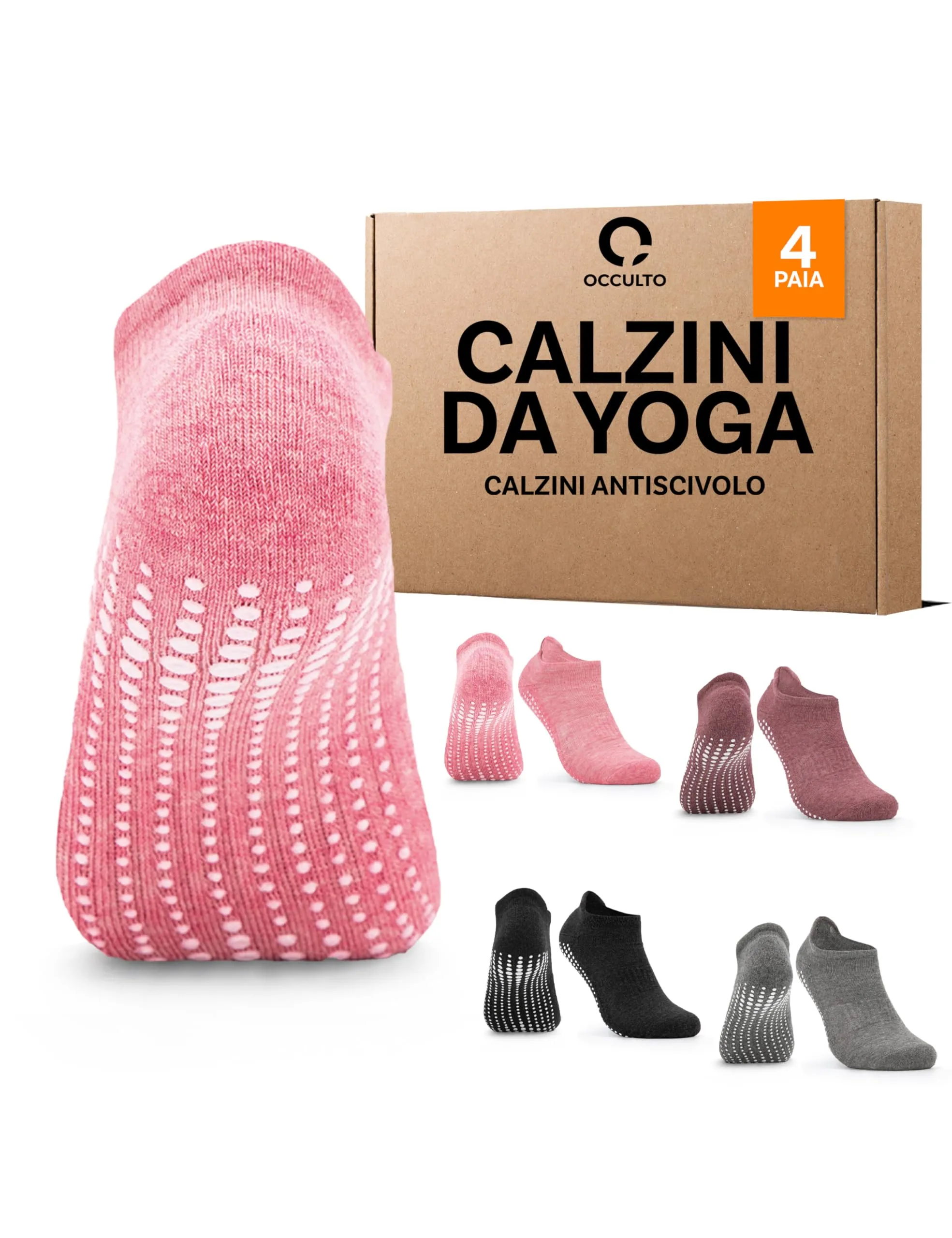 Occulto Calzini Antiscivolo per Yoga, Pilates e Fitness, 4 Paia, Nero-Grigio-Rosa-Rosso, 35-38 - immagine 1