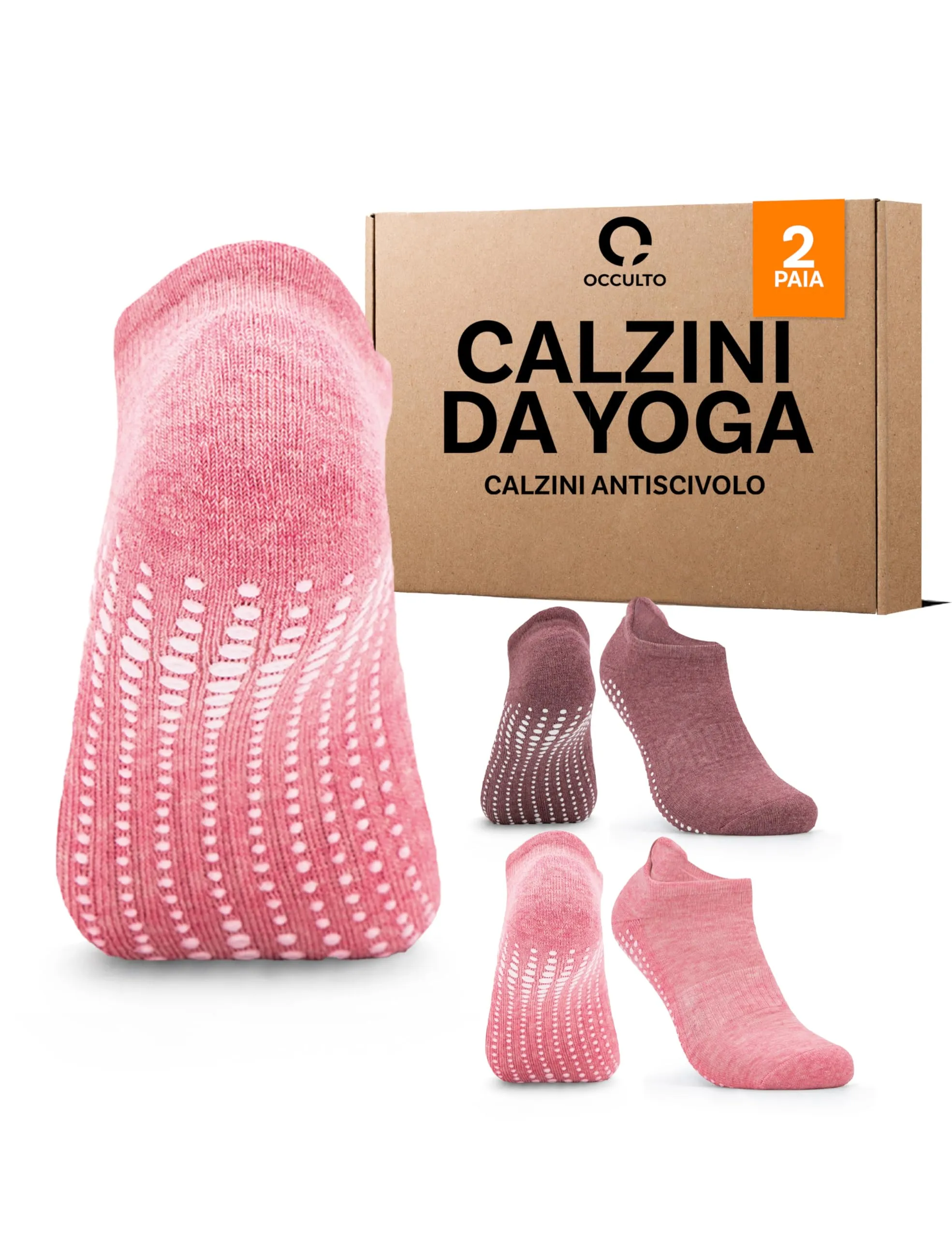 Occulto Calzini Antiscivolo per Yoga, Pilates e Fitness, 2 Paia, Rosa Rossa, 35-38 - immagine 1