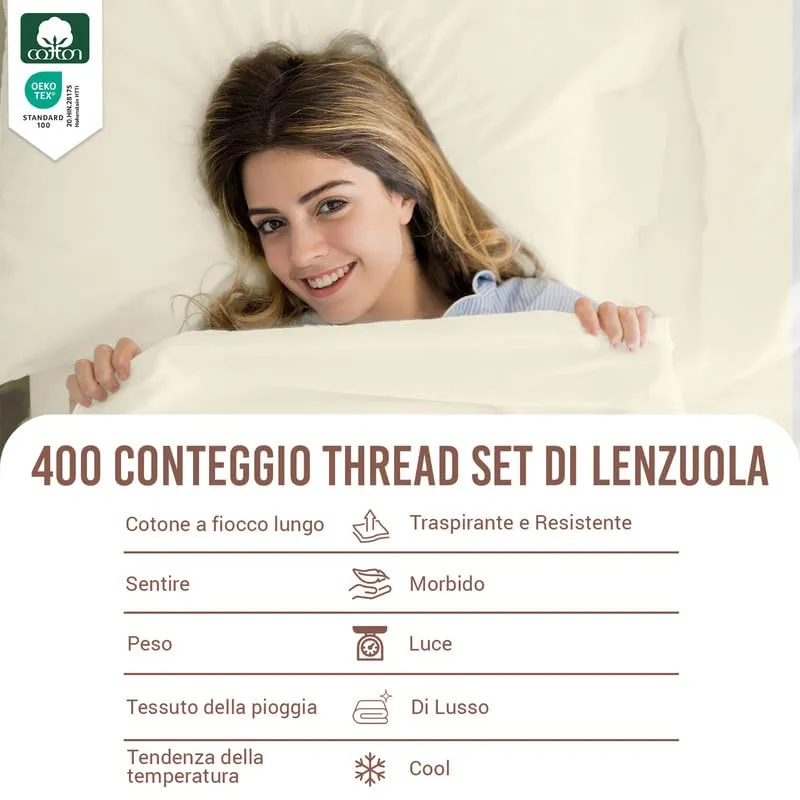 Pizuna Linens Set Lenzuola Letto Super King in Cotone 400 Fili, 180x200 cm, Avorio, 4 Pezzi - immagine 4