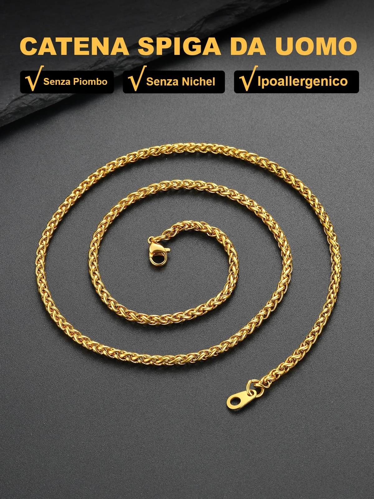 U7 Collana Uomo Catena Spiga in Acciaio Inossidabile Oro, 3mm x 51cm - immagine 3