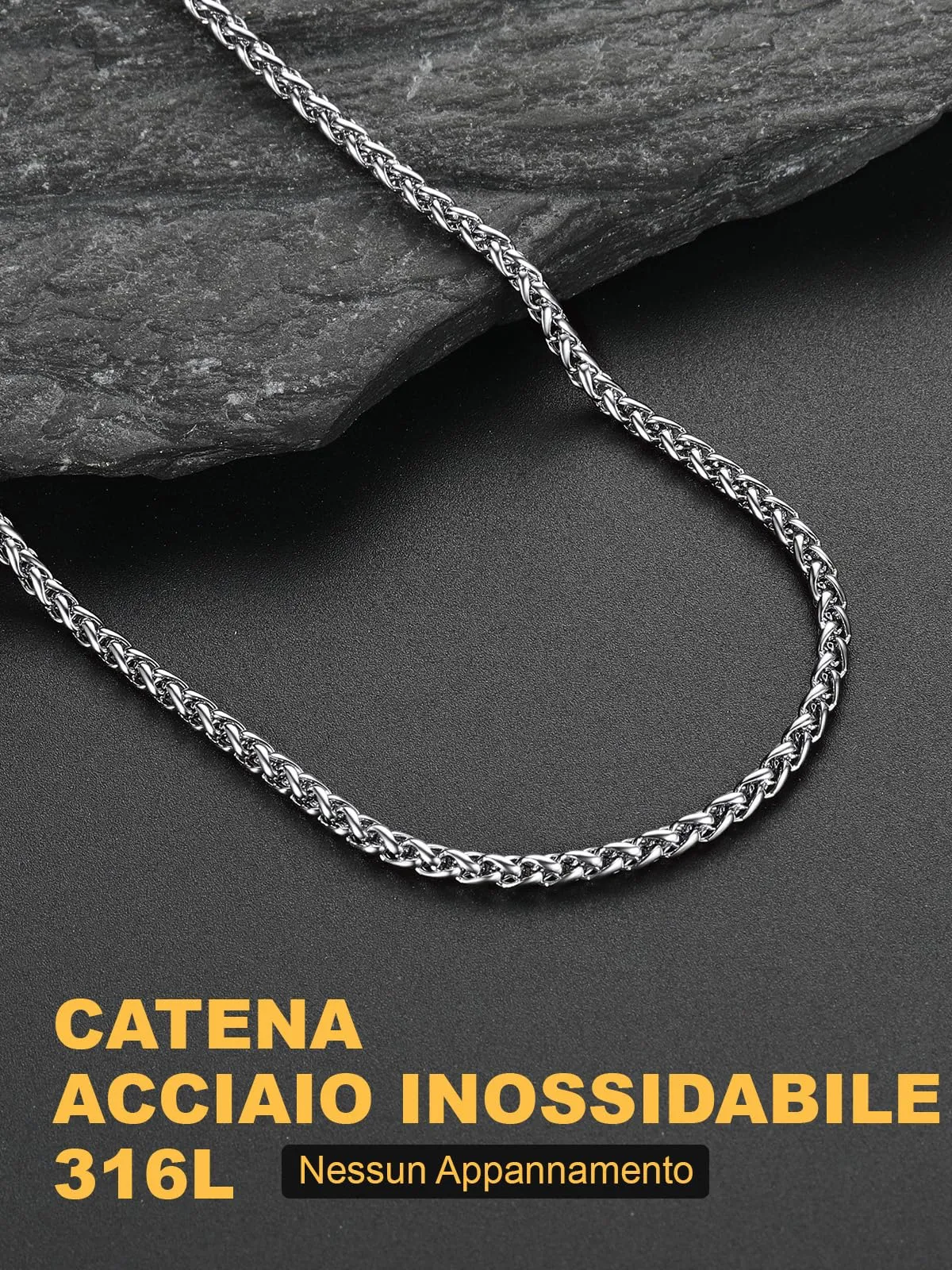 U7 Collana Uomo a Spiga in Acciaio Inossidabile 3mm 61cm - immagine 5