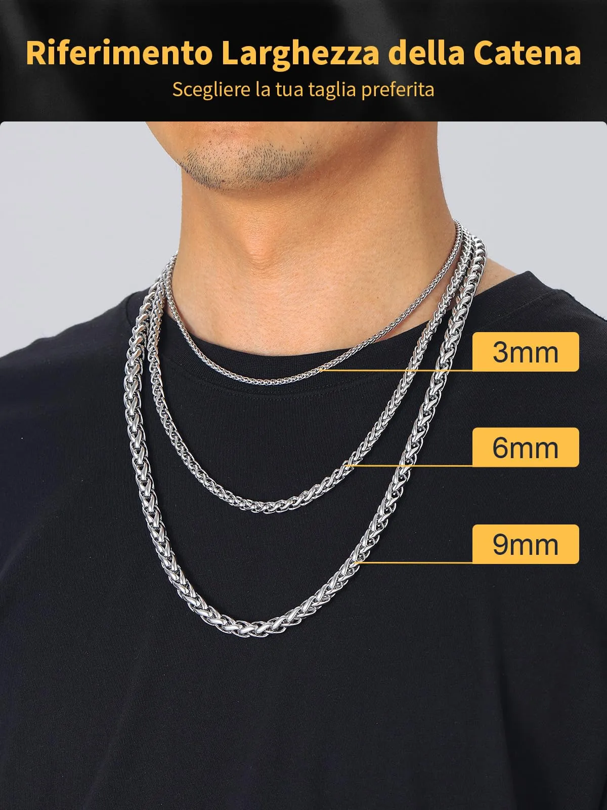 U7 Collana Uomo in Acciaio Inossidabile Catena Spiga 6mm x 51cm - immagine 5
