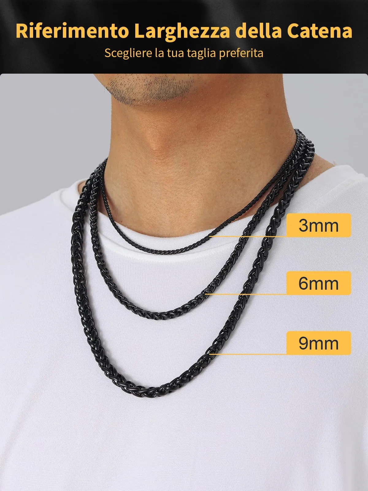 U7 Collana Uomo in Acciaio Inossidabile Nera, Catena Spiga 3mm, 61cm - immagine 7