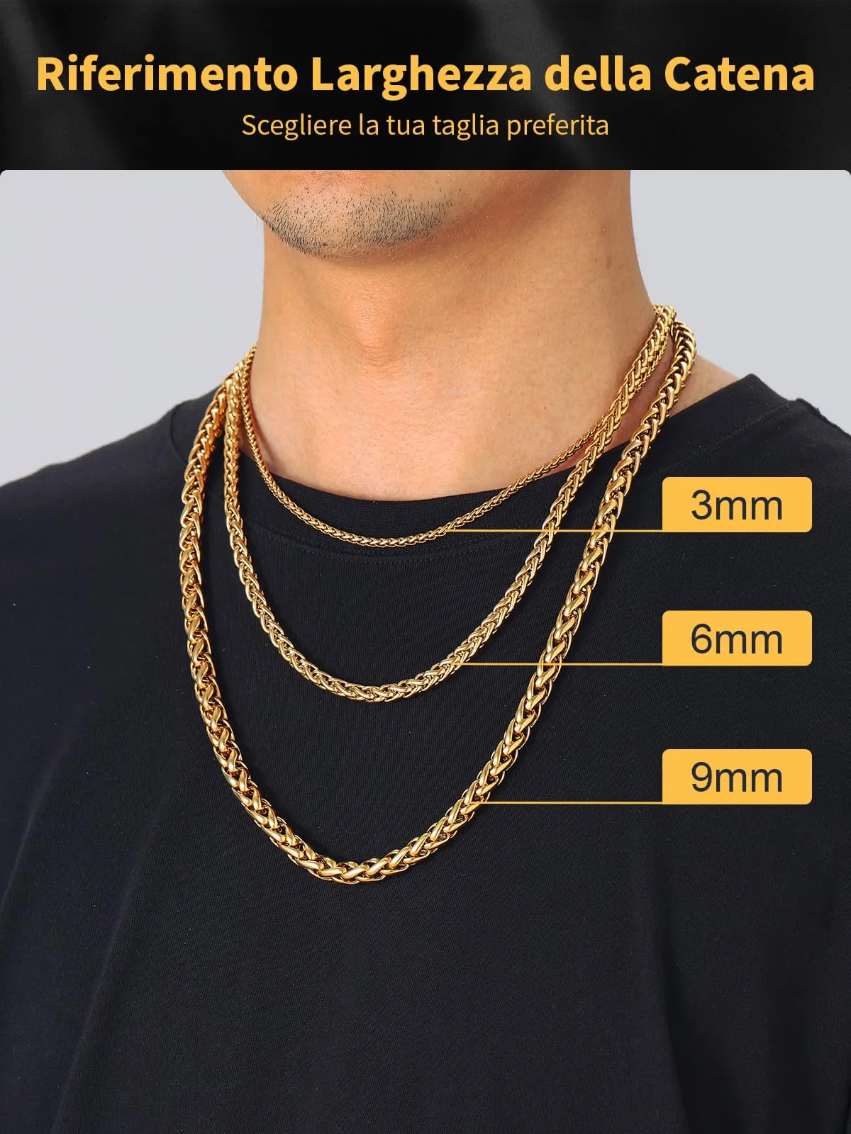 U7 Collana Uomo Oro Acciaio Inossidabile Catena Spiga 3mm 61cm - immagine 6