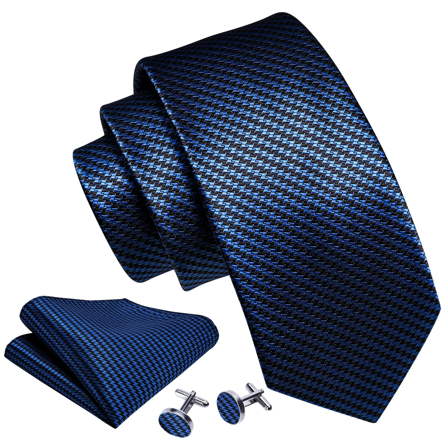 Barry.Wang Set Cravatta in Seta con Gemelli e Fazzoletto - Blu Scuro - Taglia Unica - immagine 2