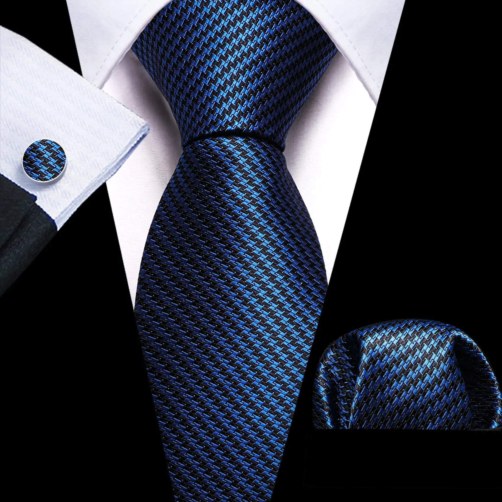 Barry.Wang Set Cravatta in Seta con Gemelli e Fazzoletto - Blu Scuro - Taglia Unica - immagine 3