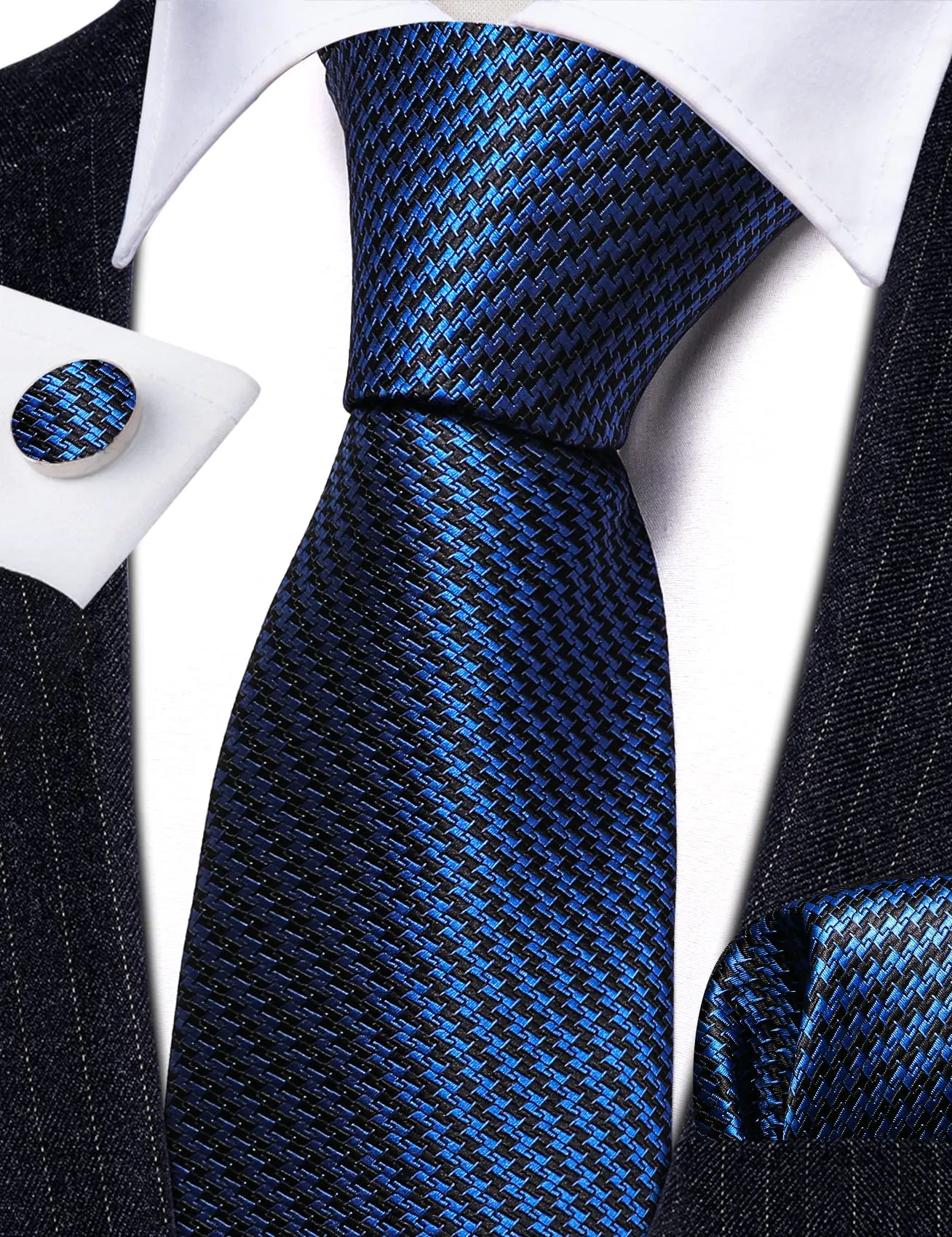 Barry.Wang Set Cravatta in Seta con Gemelli e Fazzoletto - Blu Scuro - Taglia Unica - immagine 4