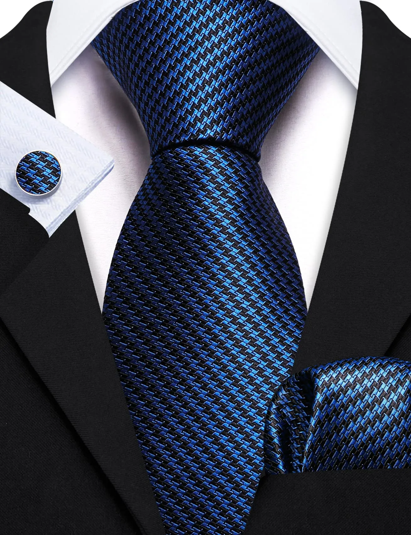 Barry.Wang Set Cravatta in Seta con Gemelli e Fazzoletto - Blu Scuro - Taglia Unica - immagine 5