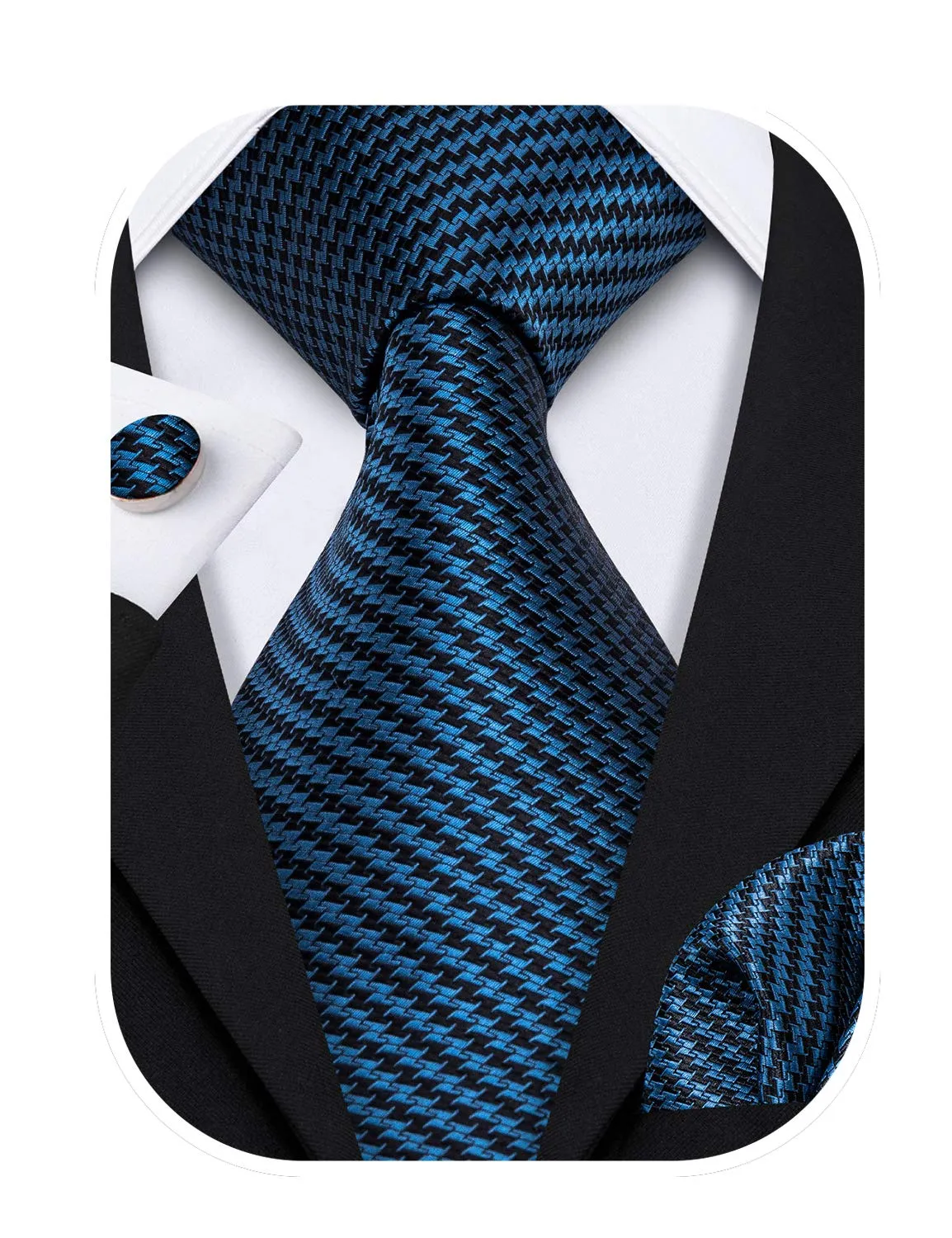 Barry.Wang Set Cravatta in Seta con Gemelli e Fazzoletto - Blu Scuro - Taglia Unica - immagine 6