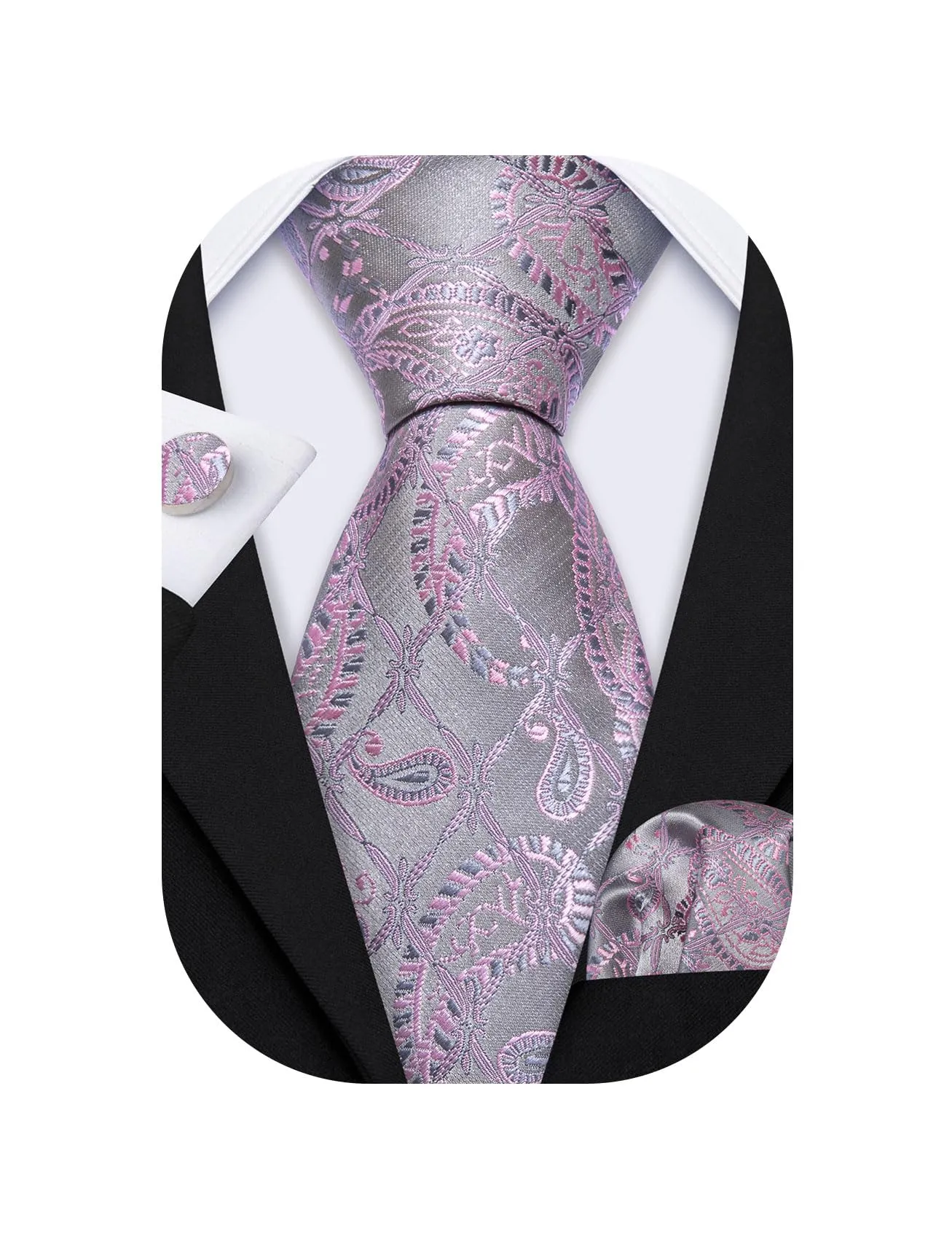 Barry.Wang Set Cravatta in Seta Motivo Paisley con Fazzoletto da Taschino e Gemelli, Rosa Argento Grigio, Taglia Unica - immagine 1