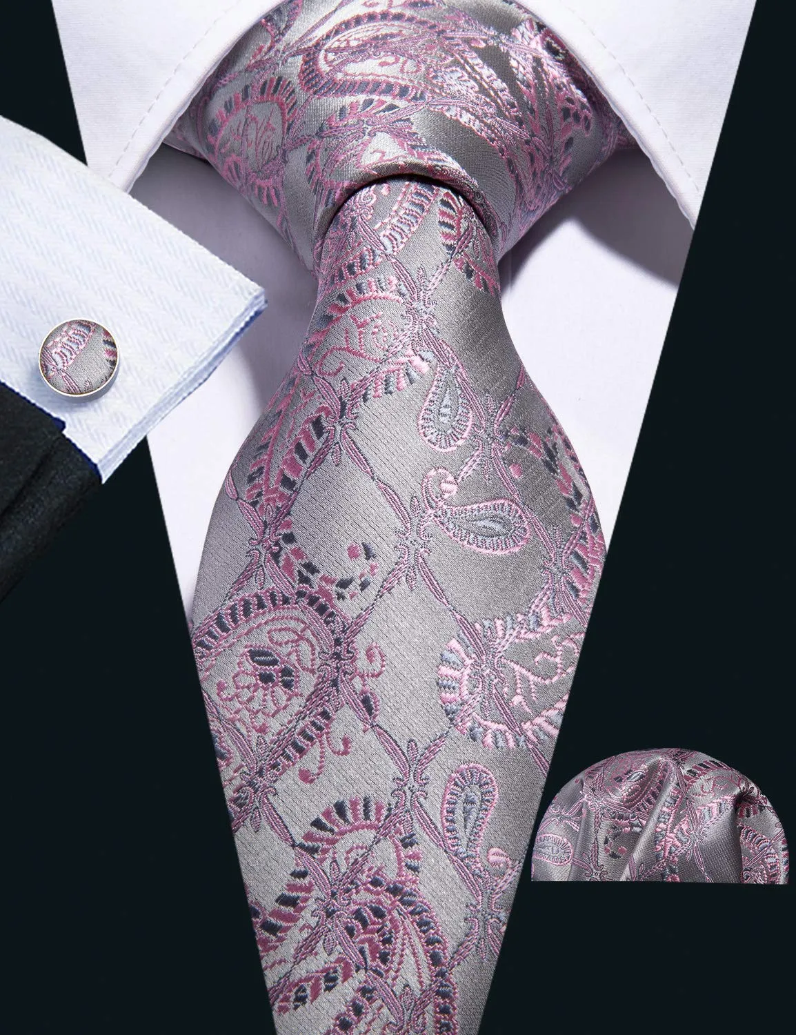Barry.Wang Set Cravatta in Seta Motivo Paisley con Fazzoletto da Taschino e Gemelli, Rosa Argento Grigio, Taglia Unica - immagine 2