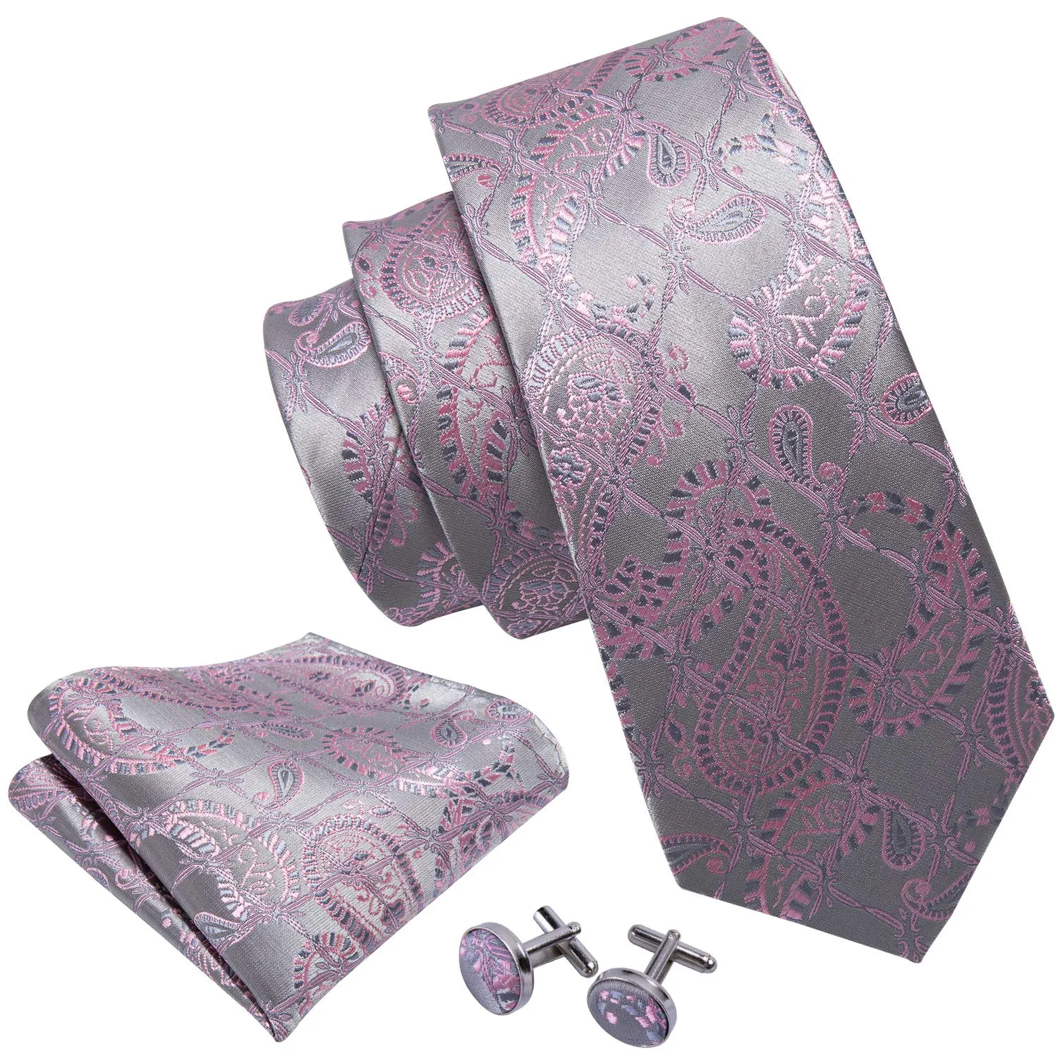 Barry.Wang Set Cravatta in Seta Motivo Paisley con Fazzoletto da Taschino e Gemelli, Rosa Argento Grigio, Taglia Unica - immagine 3