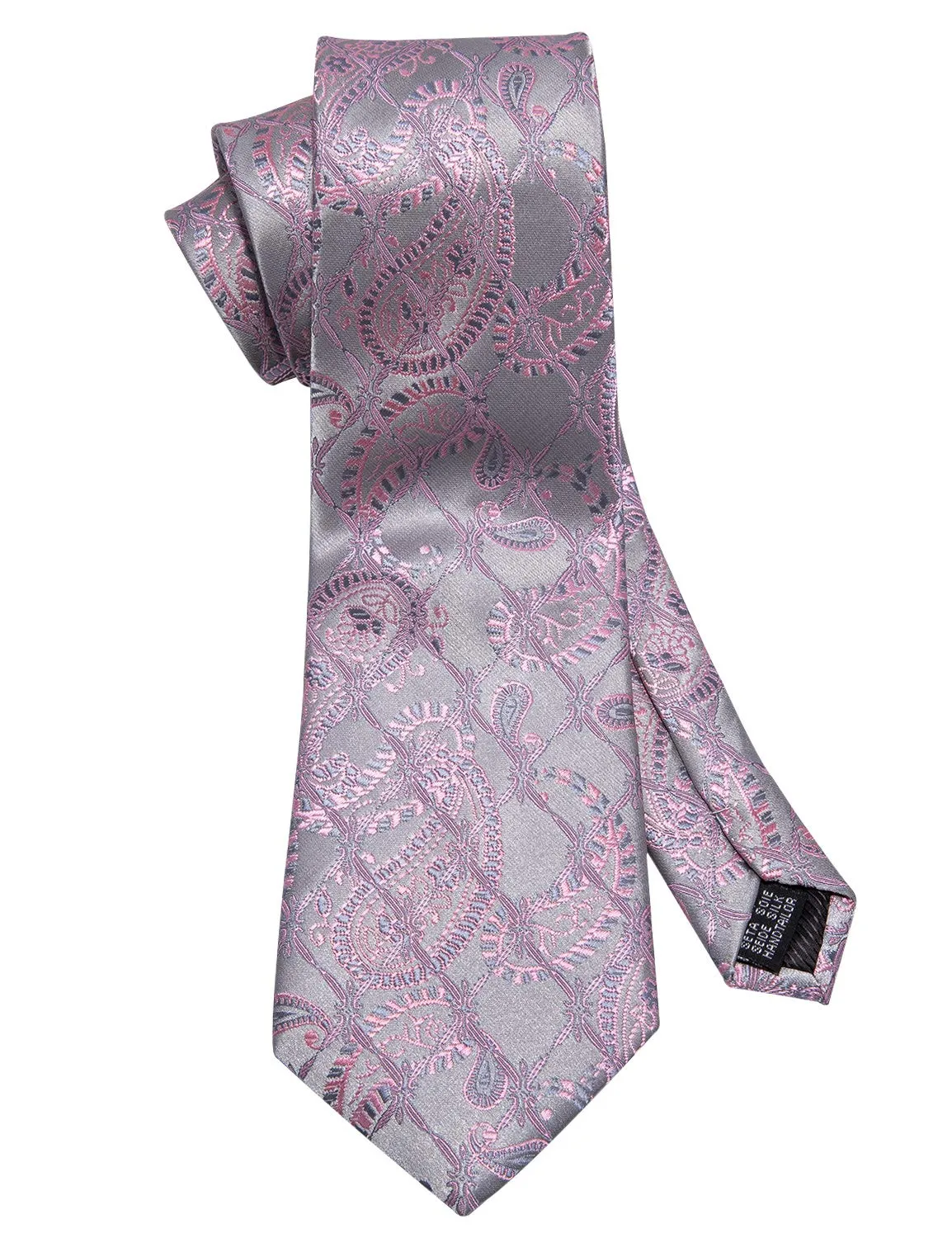 Barry.Wang Set Cravatta in Seta Motivo Paisley con Fazzoletto da Taschino e Gemelli, Rosa Argento Grigio, Taglia Unica - immagine 4