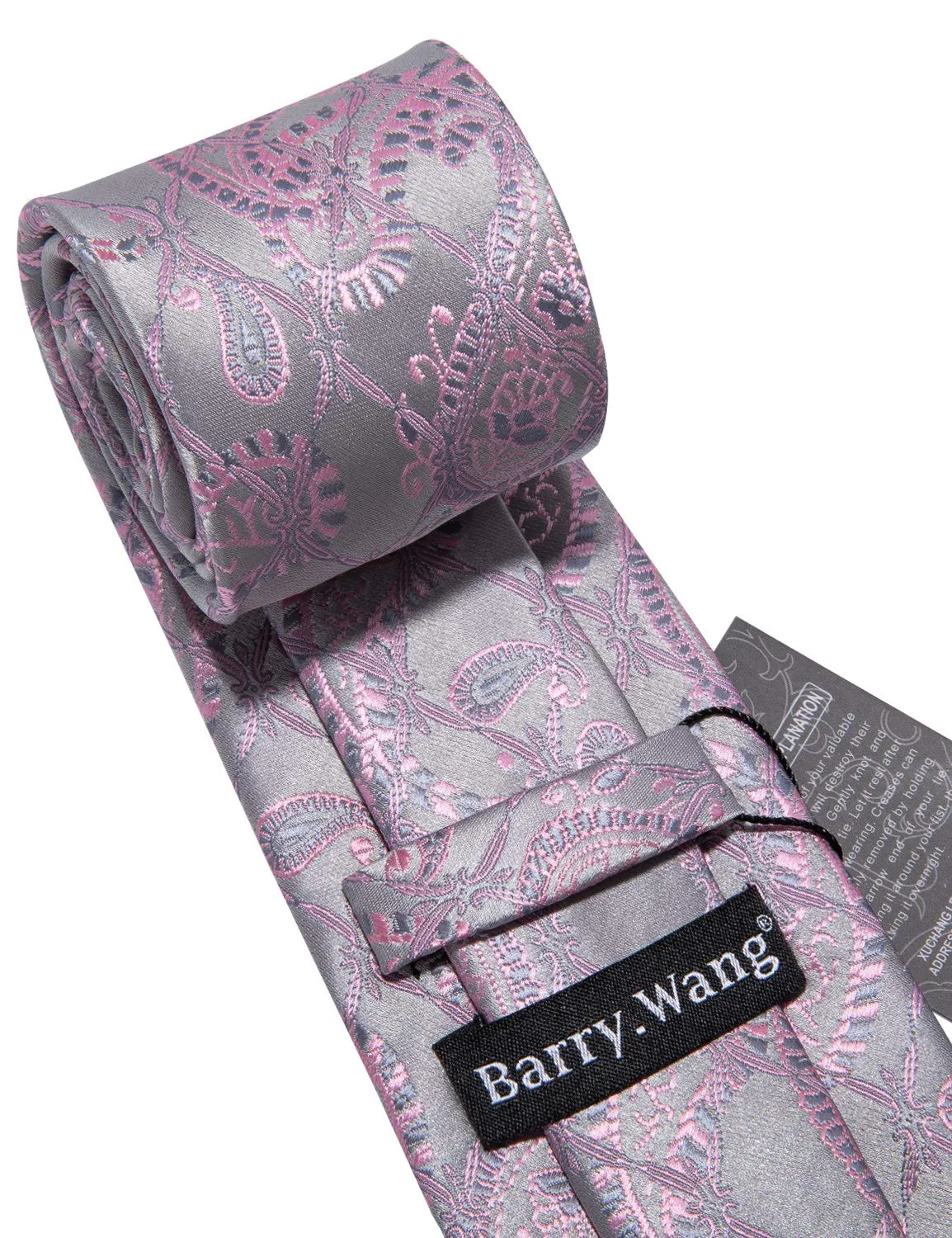 Barry.Wang Set Cravatta in Seta Motivo Paisley con Fazzoletto da Taschino e Gemelli, Rosa Argento Grigio, Taglia Unica - immagine 5