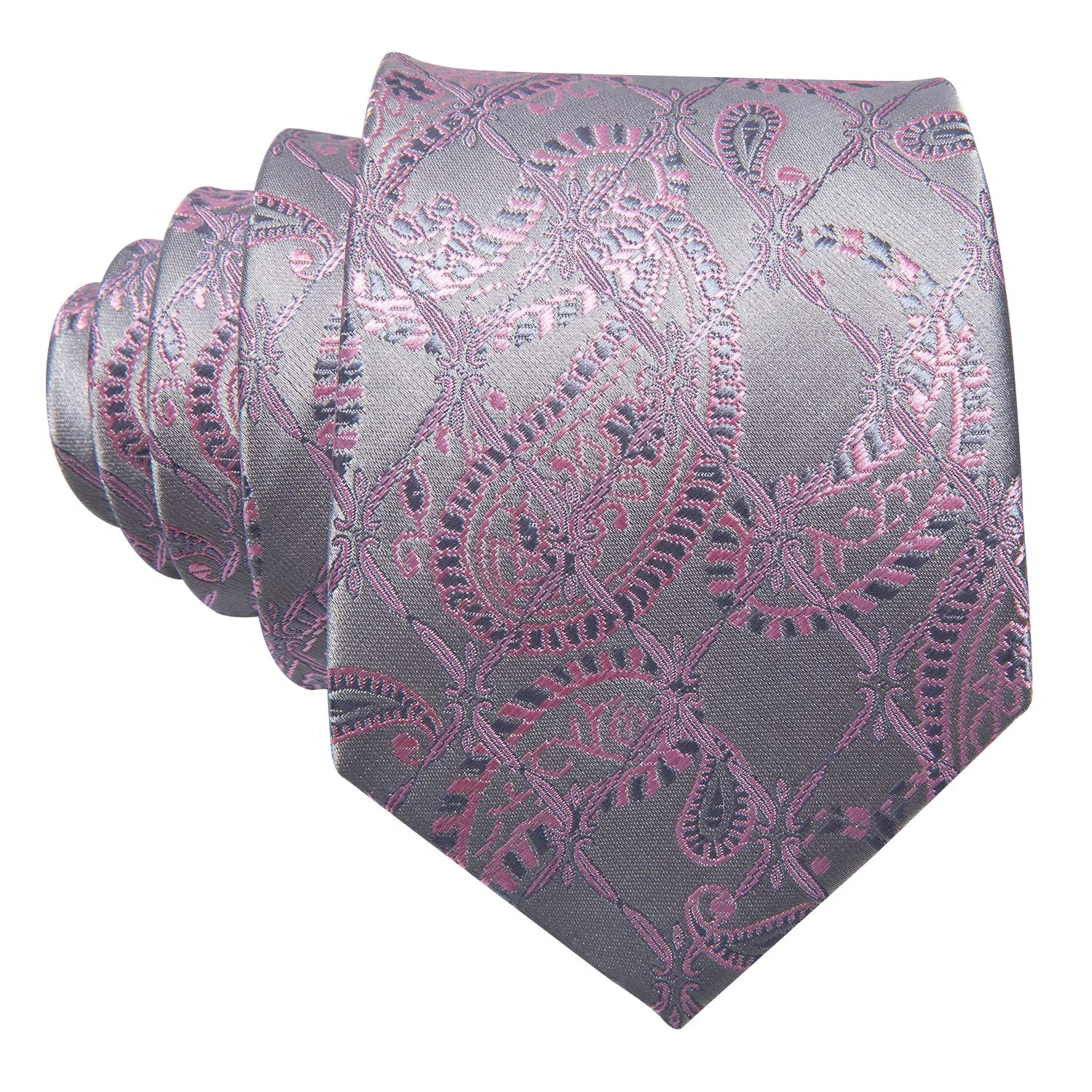 Barry.Wang Set Cravatta in Seta Motivo Paisley con Fazzoletto da Taschino e Gemelli, Rosa Argento Grigio, Taglia Unica - immagine 6