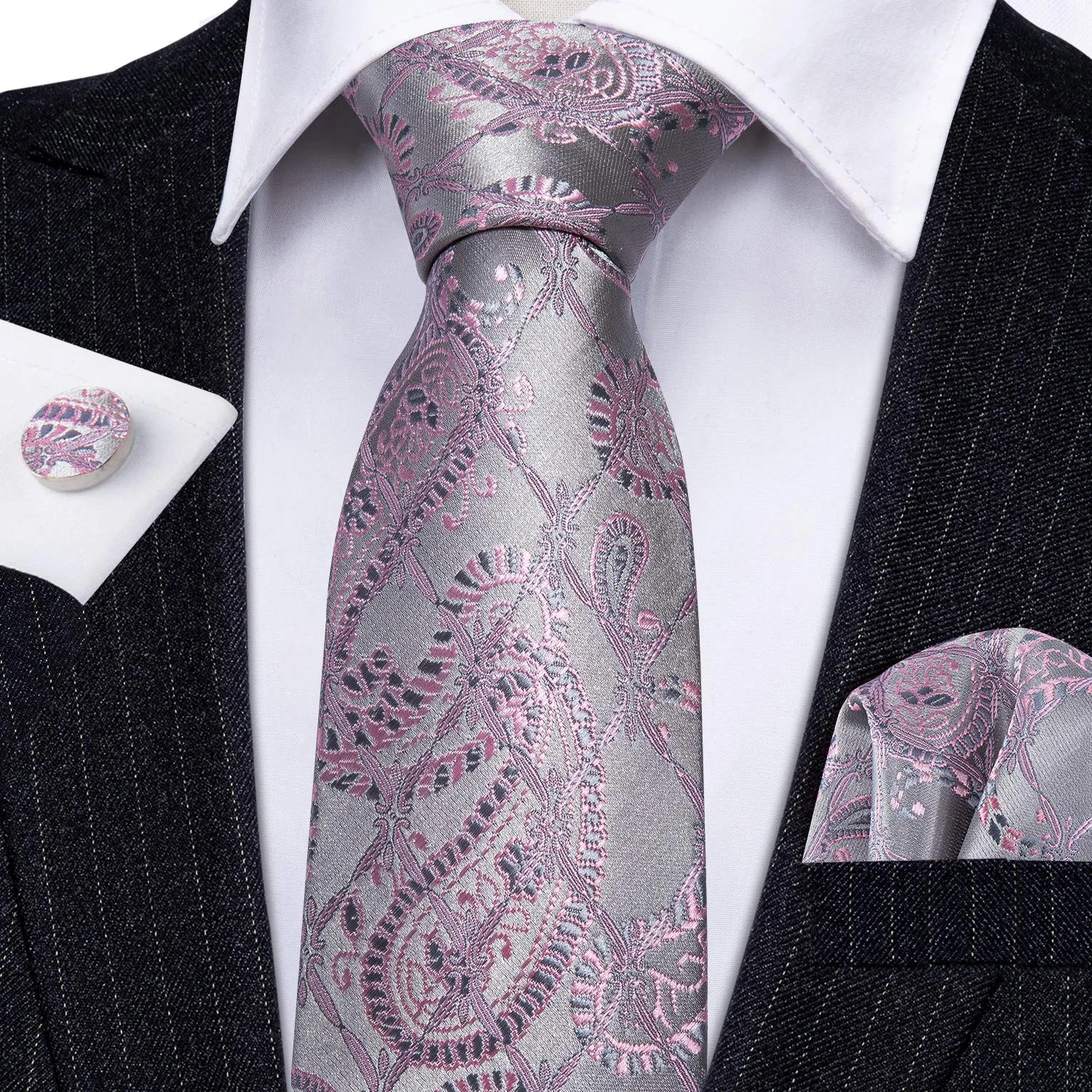Barry.Wang Set Cravatta in Seta Motivo Paisley con Fazzoletto da Taschino e Gemelli, Rosa Argento Grigio, Taglia Unica - immagine 7